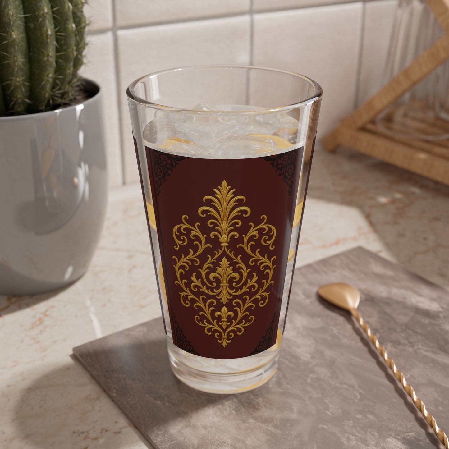 Dusk Burgundy-Black & Gold Baroque 16oz Mixing Glass – Elegant Gold Baroque Cocktail Mixing Glass