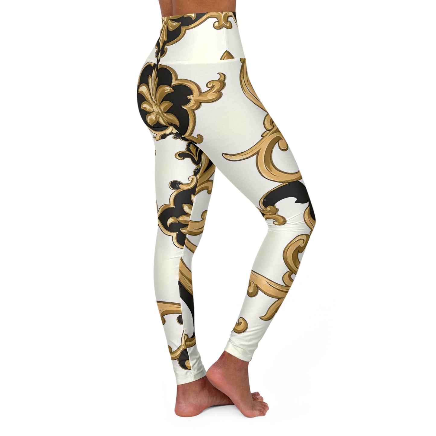 Elegant High Waisted Yoga Leggings, Stylish Workout Leggings, Fashionable Activewear, Comfortable Fitness Leggings - Black & Gold Rococo