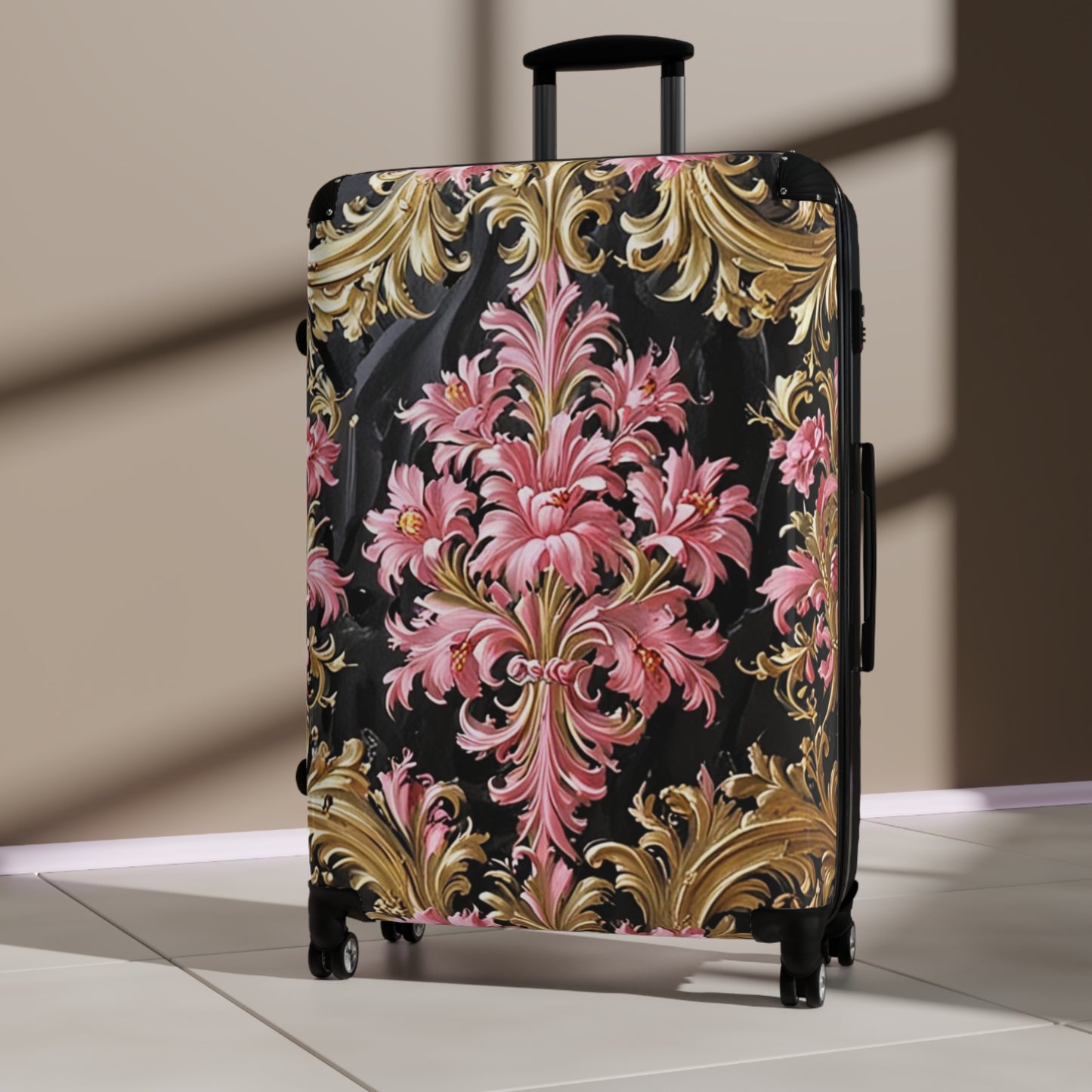 Elegant Floral Suitcase - Travel Luggage, Chic Carry-On, Stylish Baggage, Vintage-Inspired Design - Black & Pink Oil Painting Style Rococo