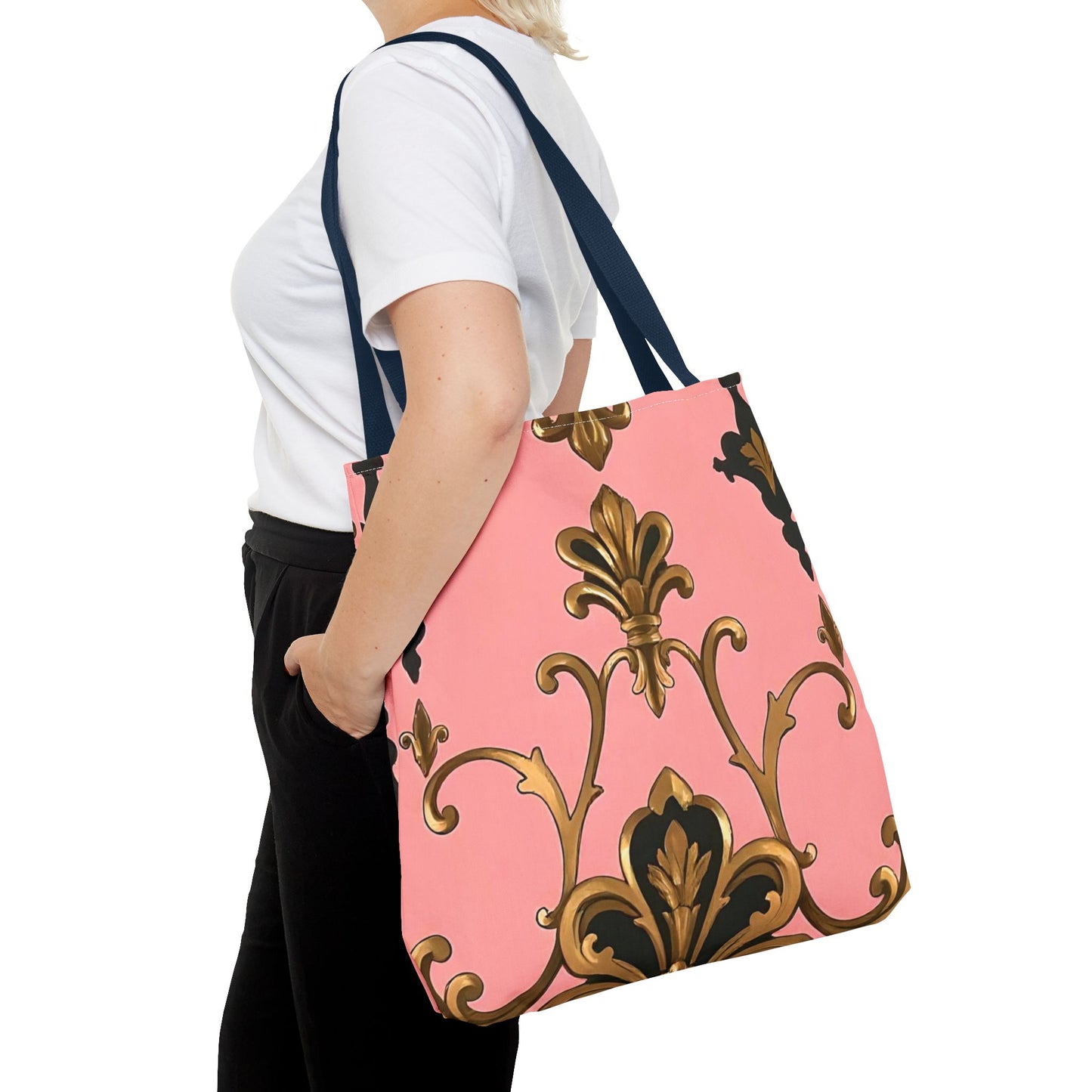 Elegant Patterned Tote Bag - Chic Carry-All for Everyday Use, Fashion Accessory - Pink, Black & Gold Rococo