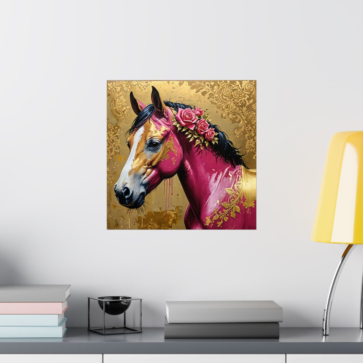 Floral Motif Art Poster - Elegant Matte Vertical Wall Decor - Magenta Horse In Gold Damask With Roses
