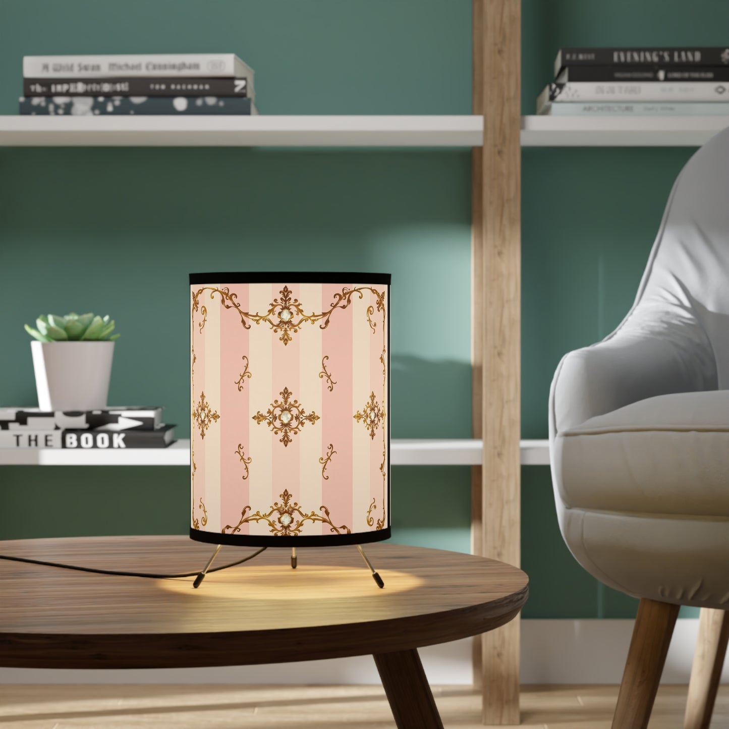 Elegant Tripod Lamp with Vintage Floral Design Shade - Pink Jeweled Striped Gold Baroque
