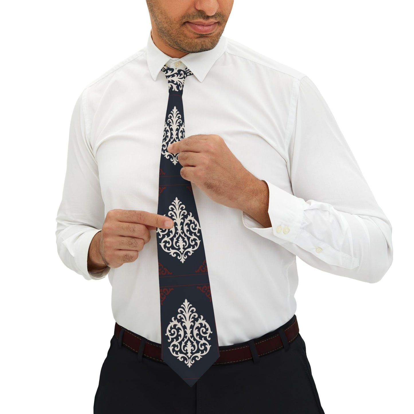 Dusk Blue-Maroon & White Baroque Necktie — Classic Baroque Pattern Tie for Weddings & Formal Wear