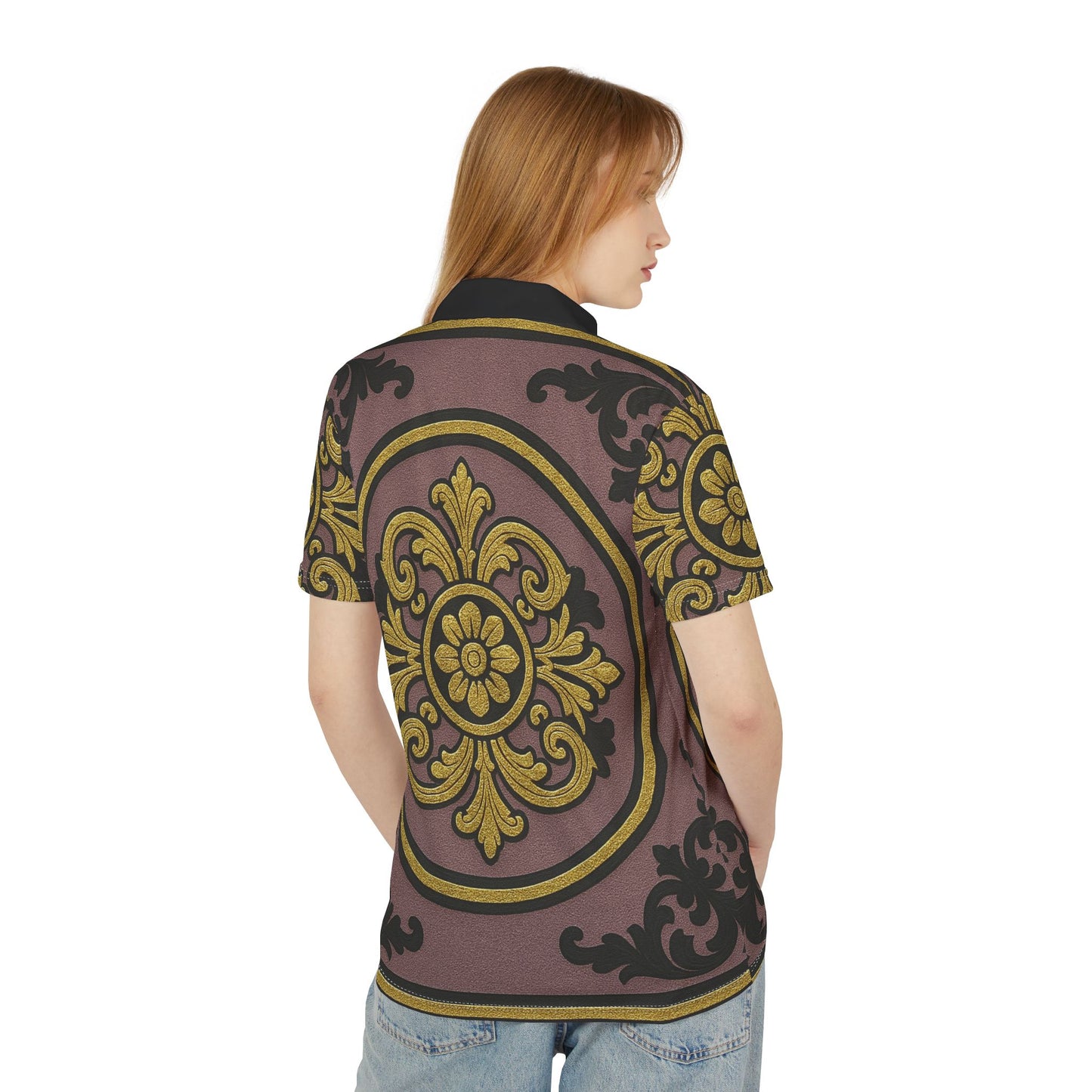 Elegant Gilded Mauve With Gold-Black Baroque Unisex Polo Shirt, Stylish Casual Wear, Perfect for Summer Parties, Birthdays, Weddings