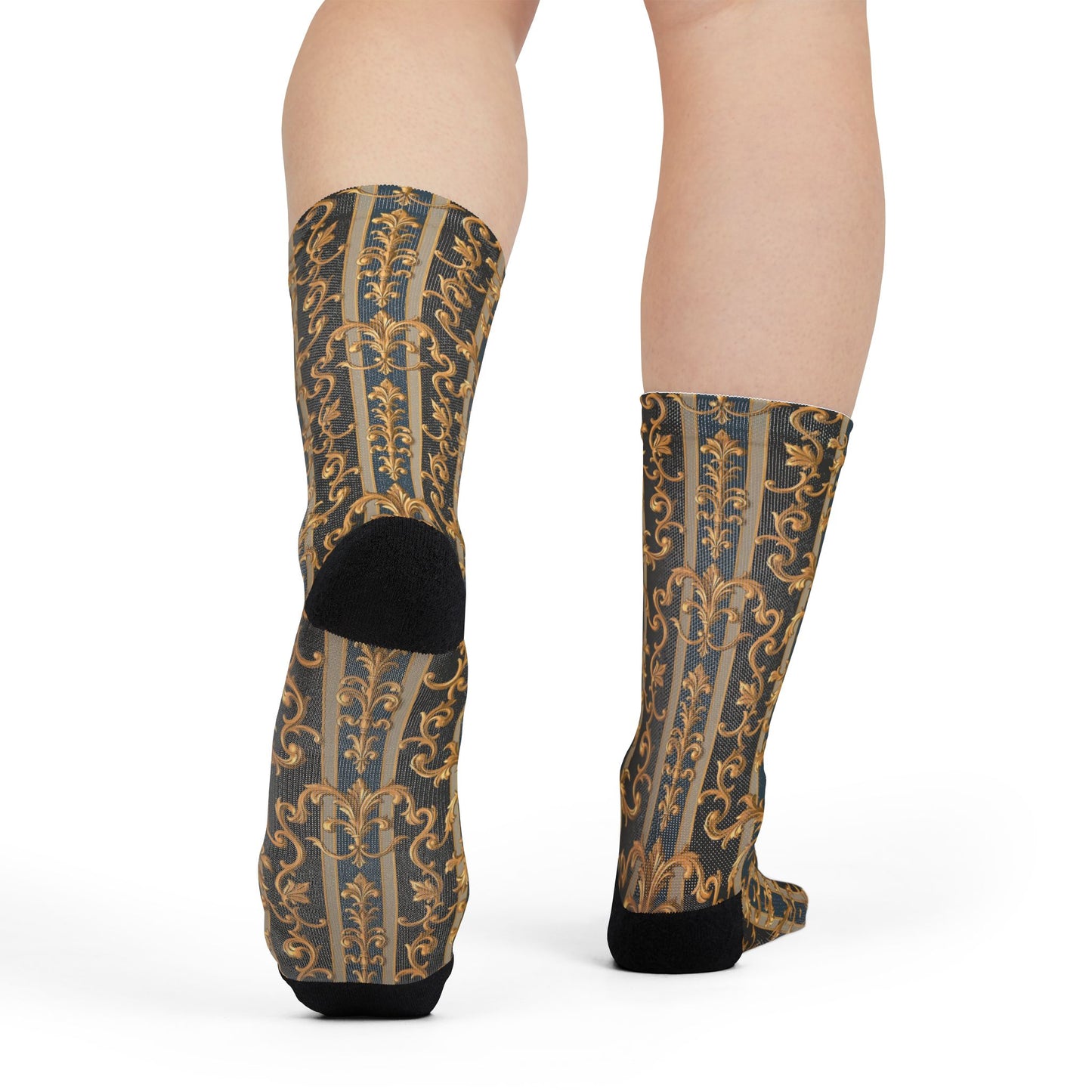 Stylish Patterned Crew Socks - Fashionable Fun Footwear, Great for Gifting, Casual Wear, Holidays, Weddings - Blue & Black Striped Rococo