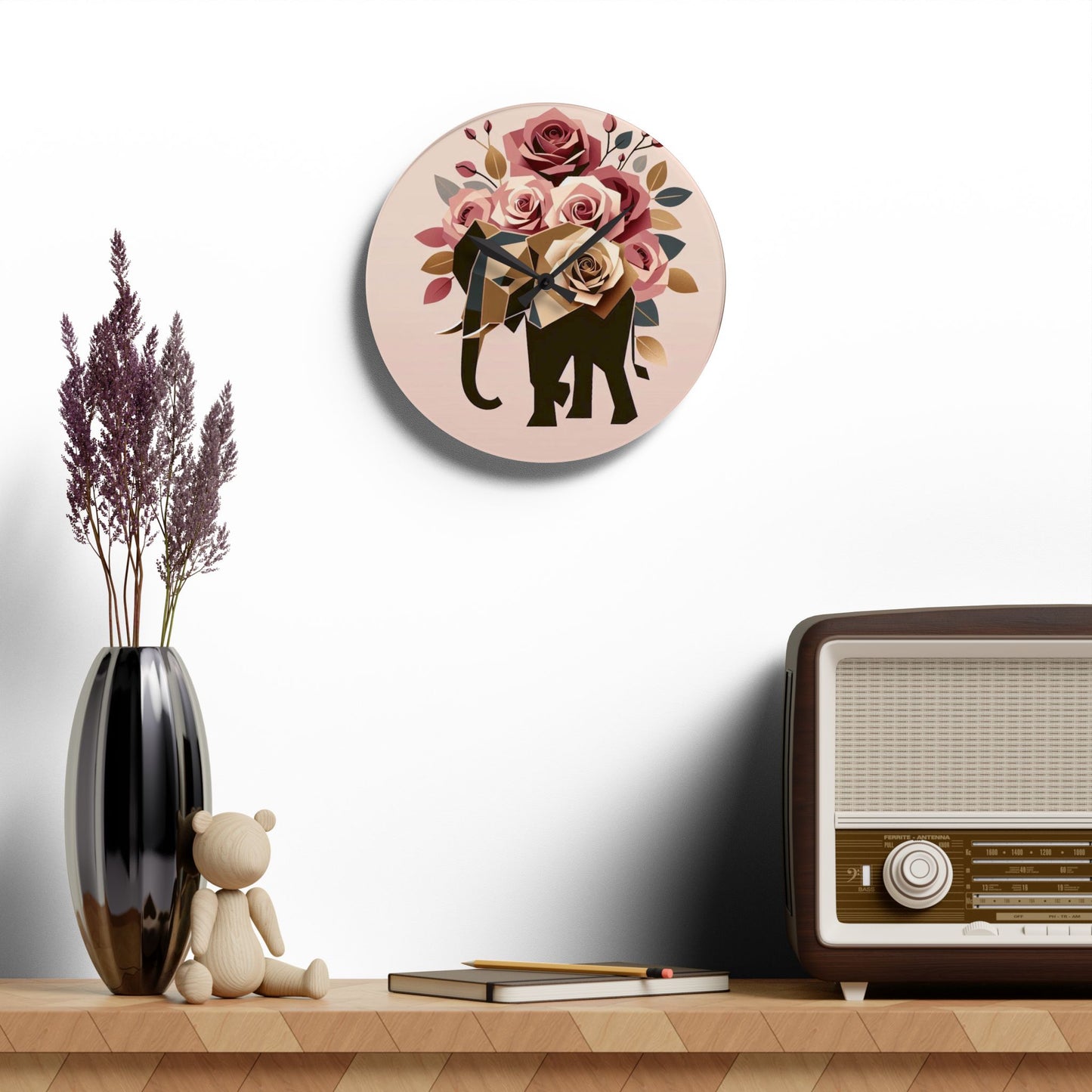 Bohemian Elephant-Inspired Acrylic Wall Clock with Floral Design - Black & Gold Elephant & Roses Design