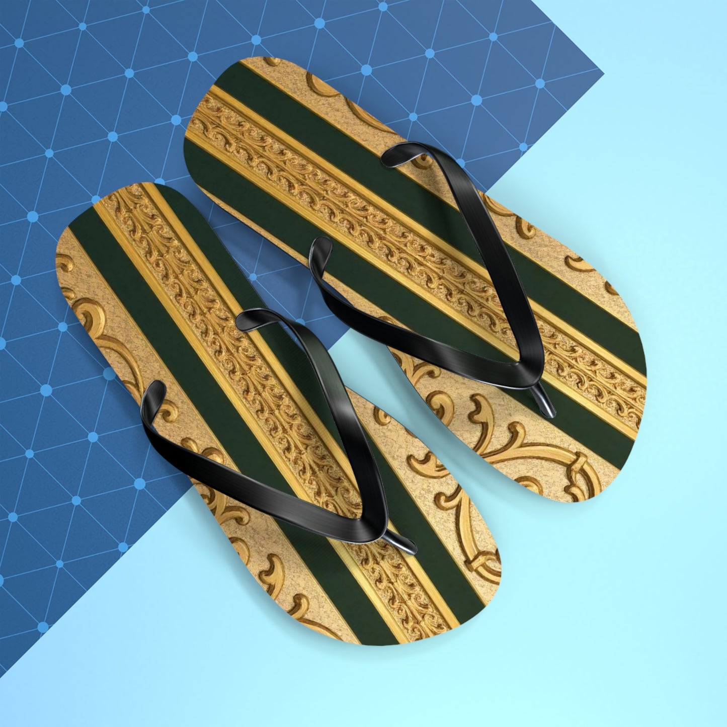 Elegant Teal Striped Gold Baroque Flip Flops, Summer Sandals, Beach Footwear, Vacation Essentials, Stylish Slippers, Poolside Accessories