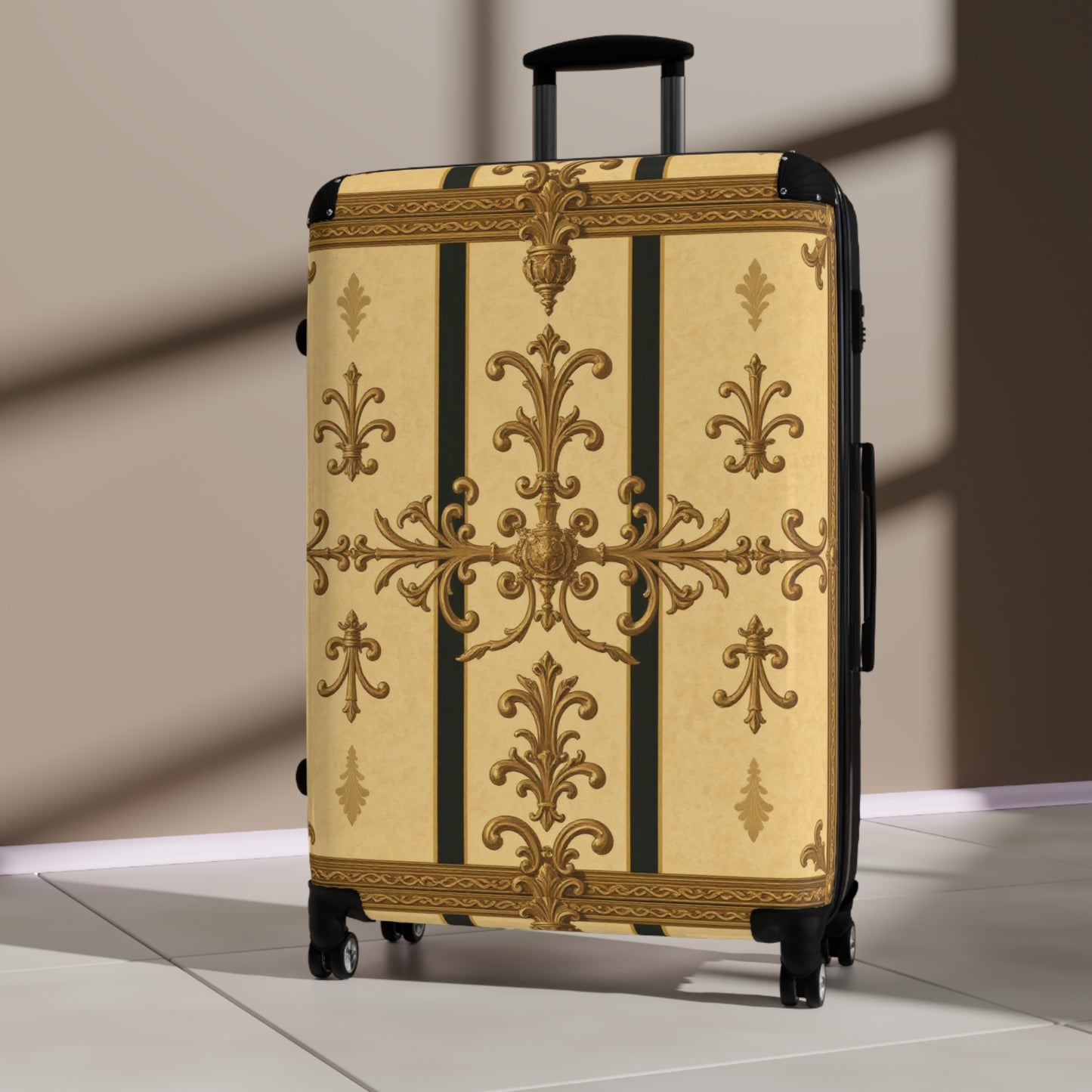 Elegant Travel Suitcase with Vintage Design, Stylish Luggage for Travelers, Vacation Essentials - Matte Yellow Striped Antique Rococo