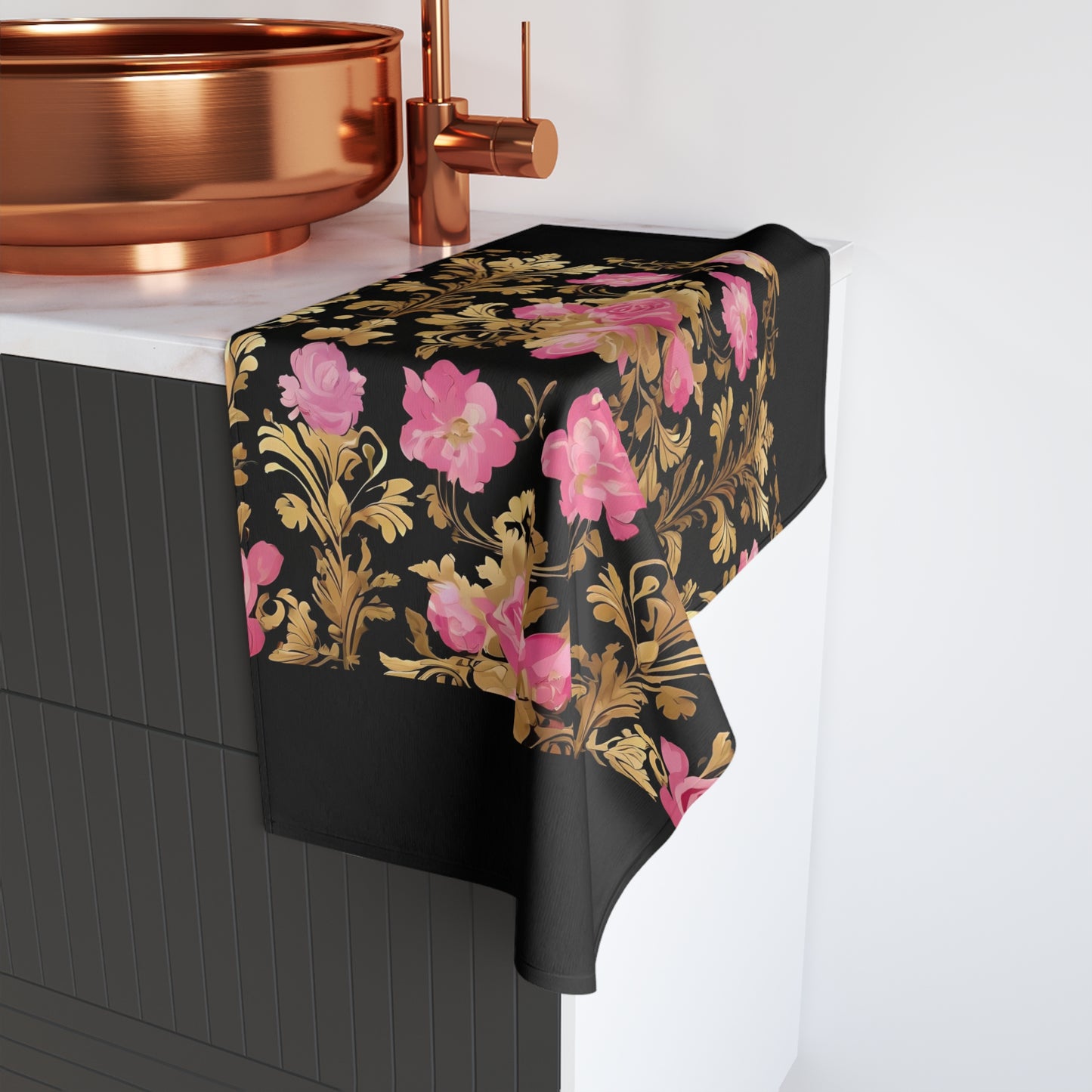 Luxurious Ornate Hand Towel - Elegant Home Décor - Pink & Gold Roses