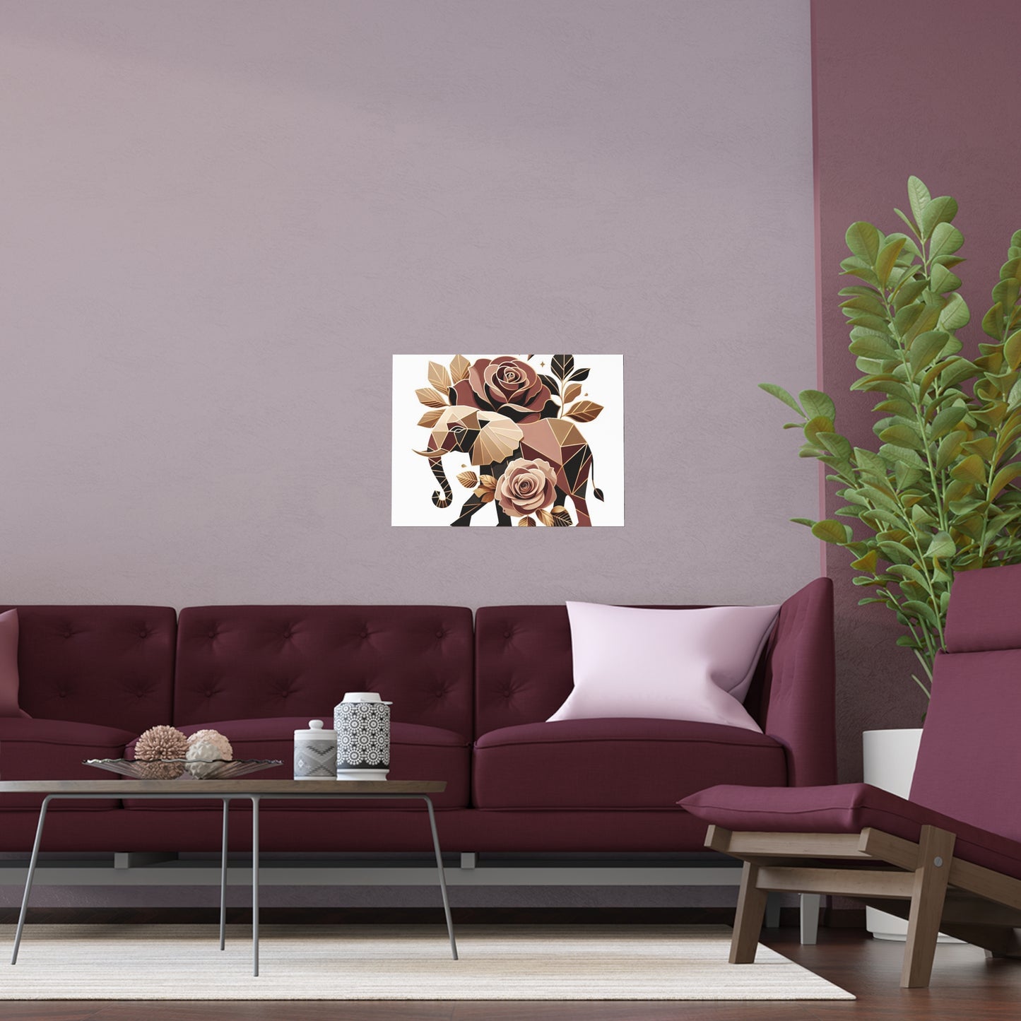 Elegant Floral Silk Poster - Indoor/Outdoor Wall Art for Home Decor - Brown & Gold Elephant & Roses