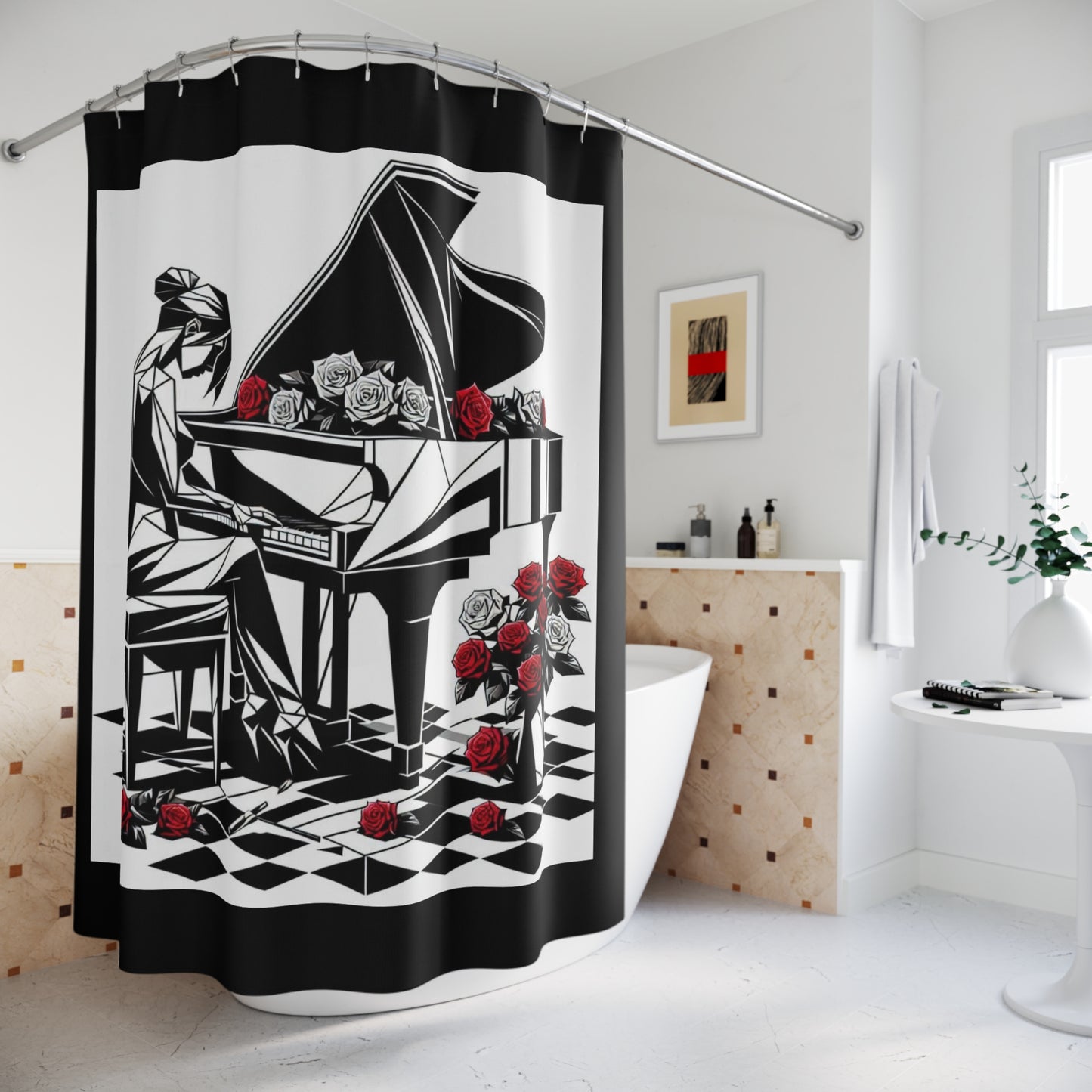 Elegant Piano Shower Curtain with Roses - Artistic Bathroom Decor