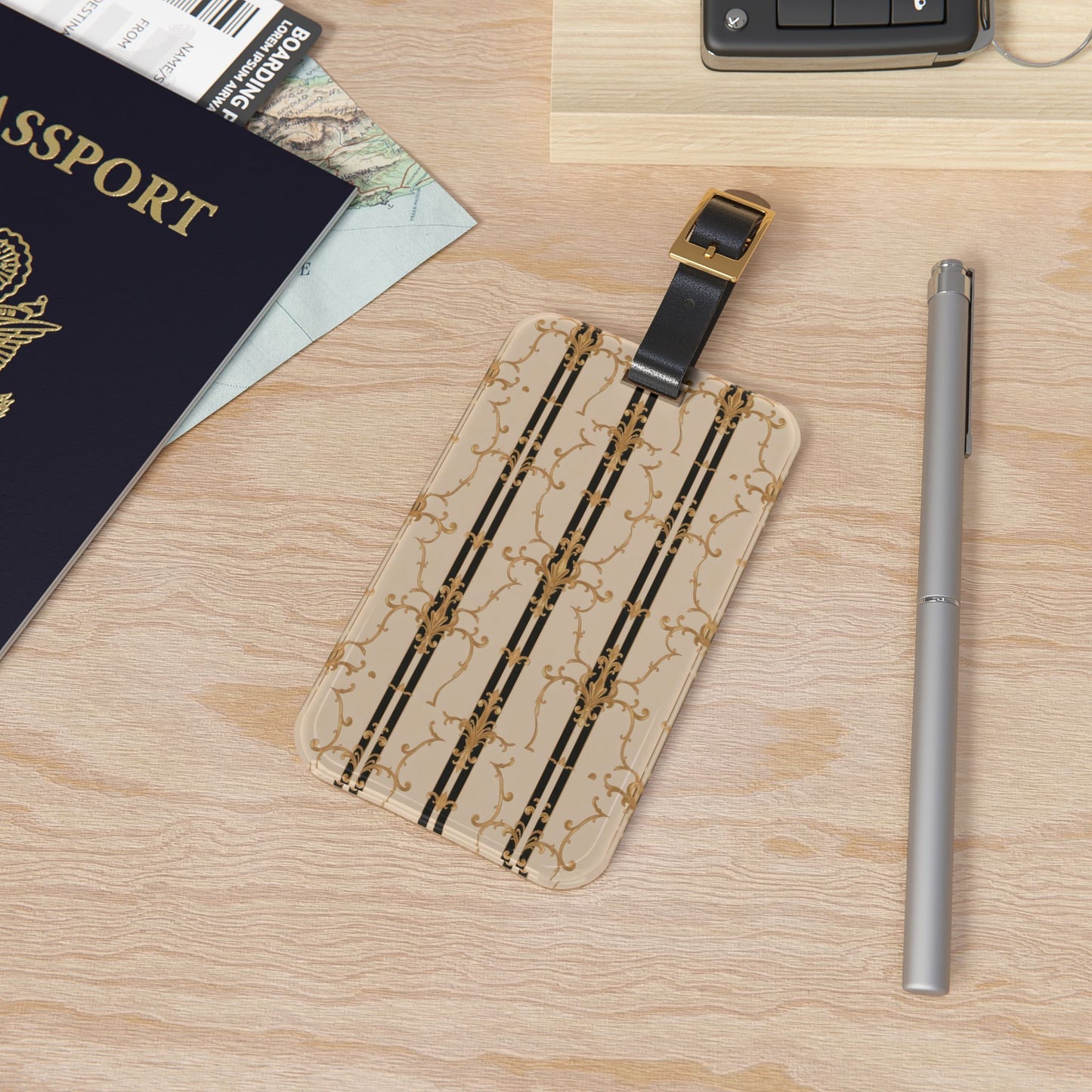 Chic Luggage Tag, Stylish Travel Accessory, Personalized Gift, Elegant Baggage Identifier - Black & Beige Striped Damask