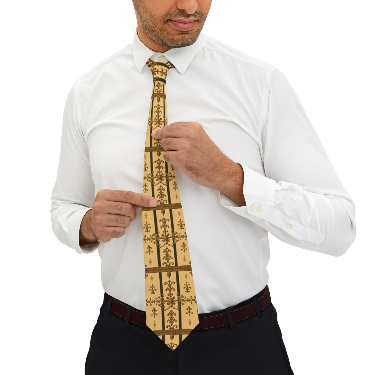 Stylish Patterned Necktie | Elegant Tie for Men, Formal Accessory, Wedding Gift, Business Attire, Trendy Neckwear - Matte Yellow Striped Antique Rococo