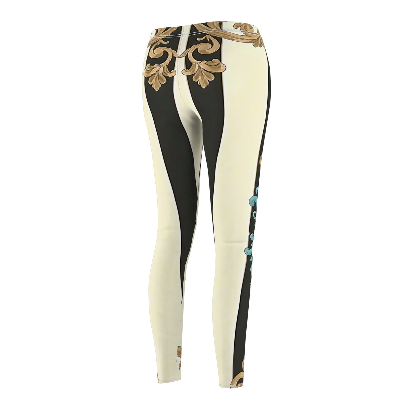 Stylish Women's Cut & Sew Leggings - Boho Chic Pants, Comfortable Athletic Wear, Perfect for Yoga - Black Striped Turquoise & Black Rococo