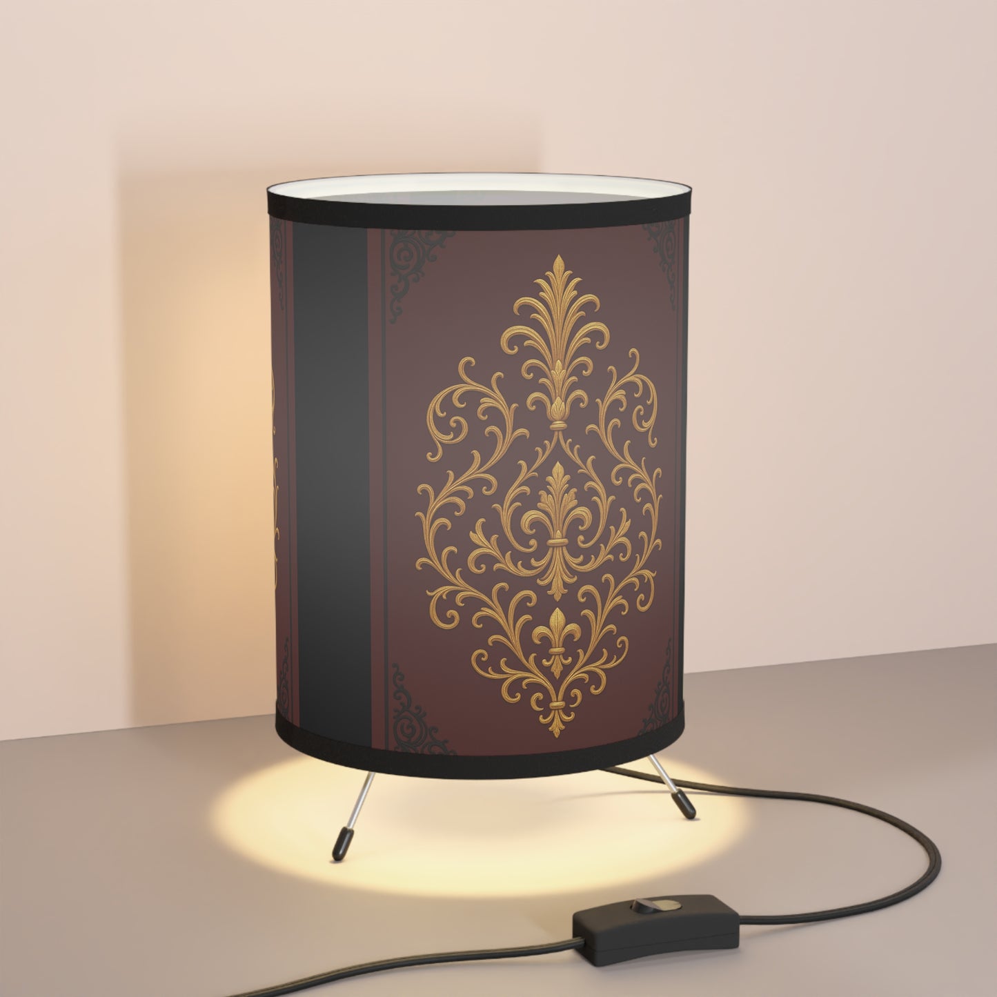 Dusk Burgundy-Black & Gold Baroque Tripod Lamp — Vintage Gold Baroque Printed Shade (US/CA Plug)
