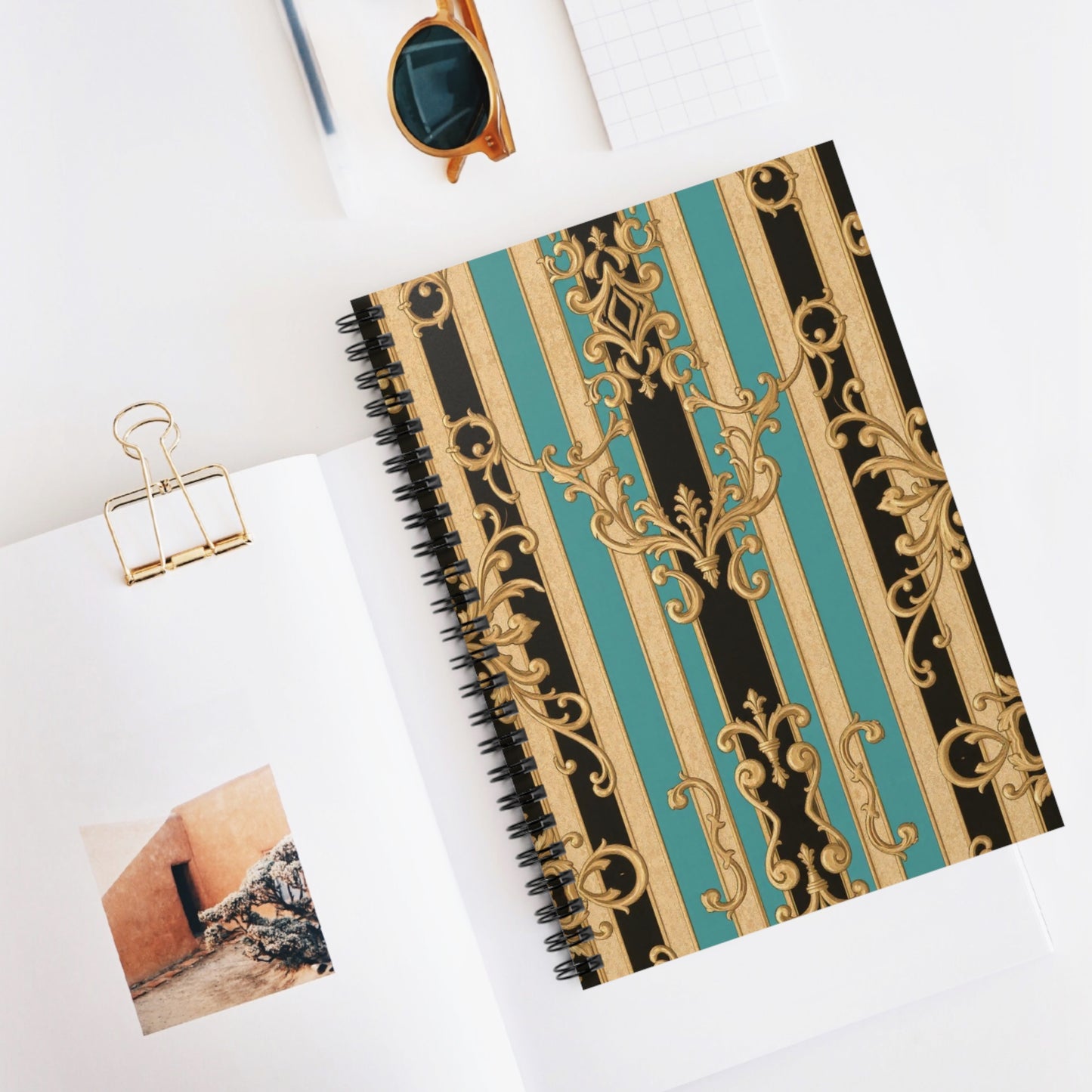 Elegant Black, Tan & Ocean Green Striped Gold Baroque Spiral Notebook - Ruled Lines, Vintage Style Journal, Office Supplies, Gift for Writers