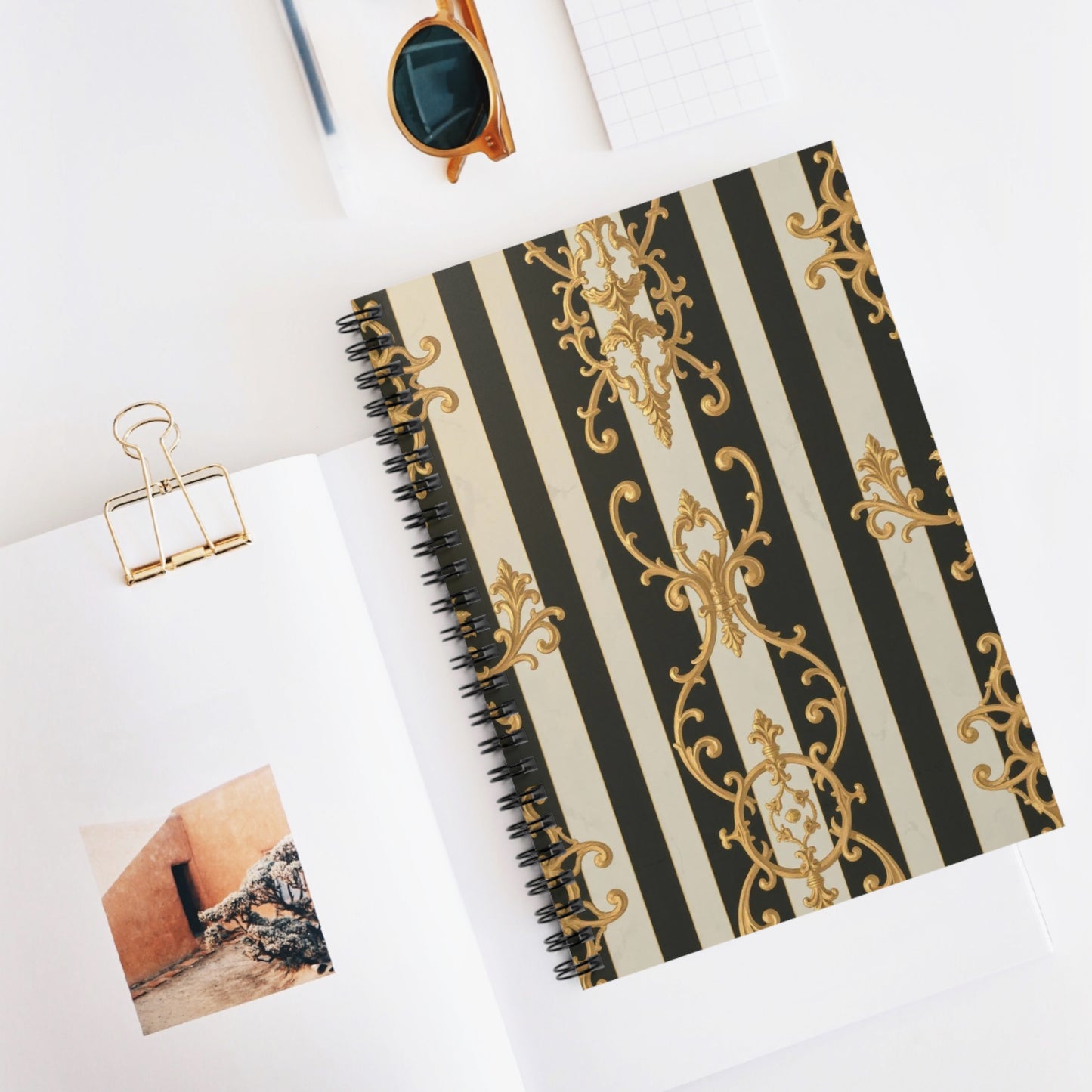 Elegant Black & Alabaster Striped Baroque Spiral Notebook - Perfect for Journaling, Note Taking, School Supplies, Gifts, and Home Office Decor