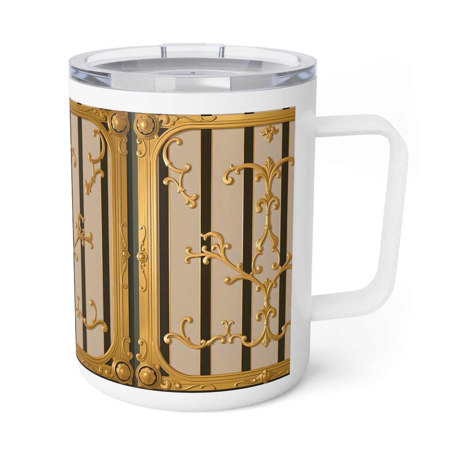 Elegant Insulated Coffee Mug, 10oz - Perfect for Home, Office, Travel, Gift for Coffee Lovers, Decorative Travel Mug - Beige Striped Gold Rococo