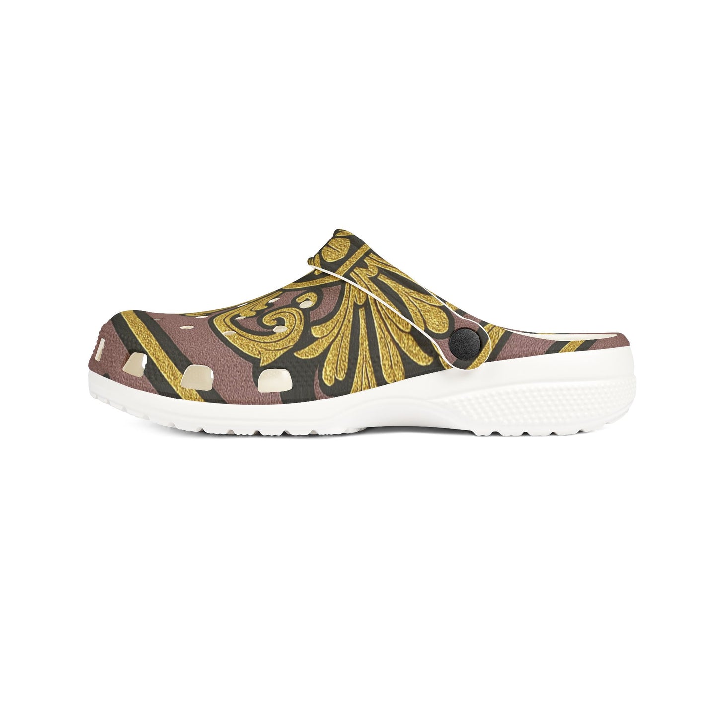 Gilded Mauve With Gold-Black Baroque Stylish EVA Foam Rubber Clogs, Comfortable Slip-On Shoes, Trendy Summer Clogs