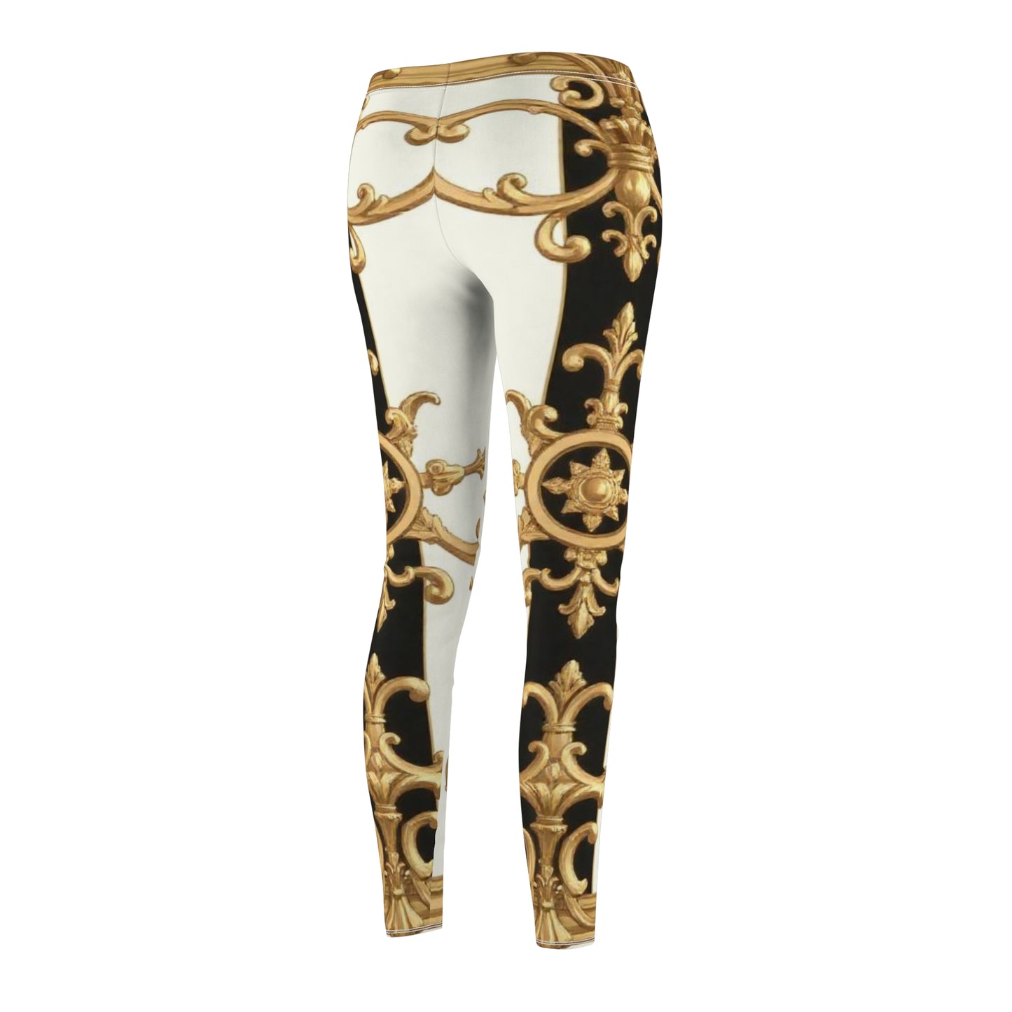 Elegant Women's AOP Leggings - Luxurious Comfort for Casual Style, Fashion Leggings, Trendy Fitness Wear - Black & White Striped Gold Baroque