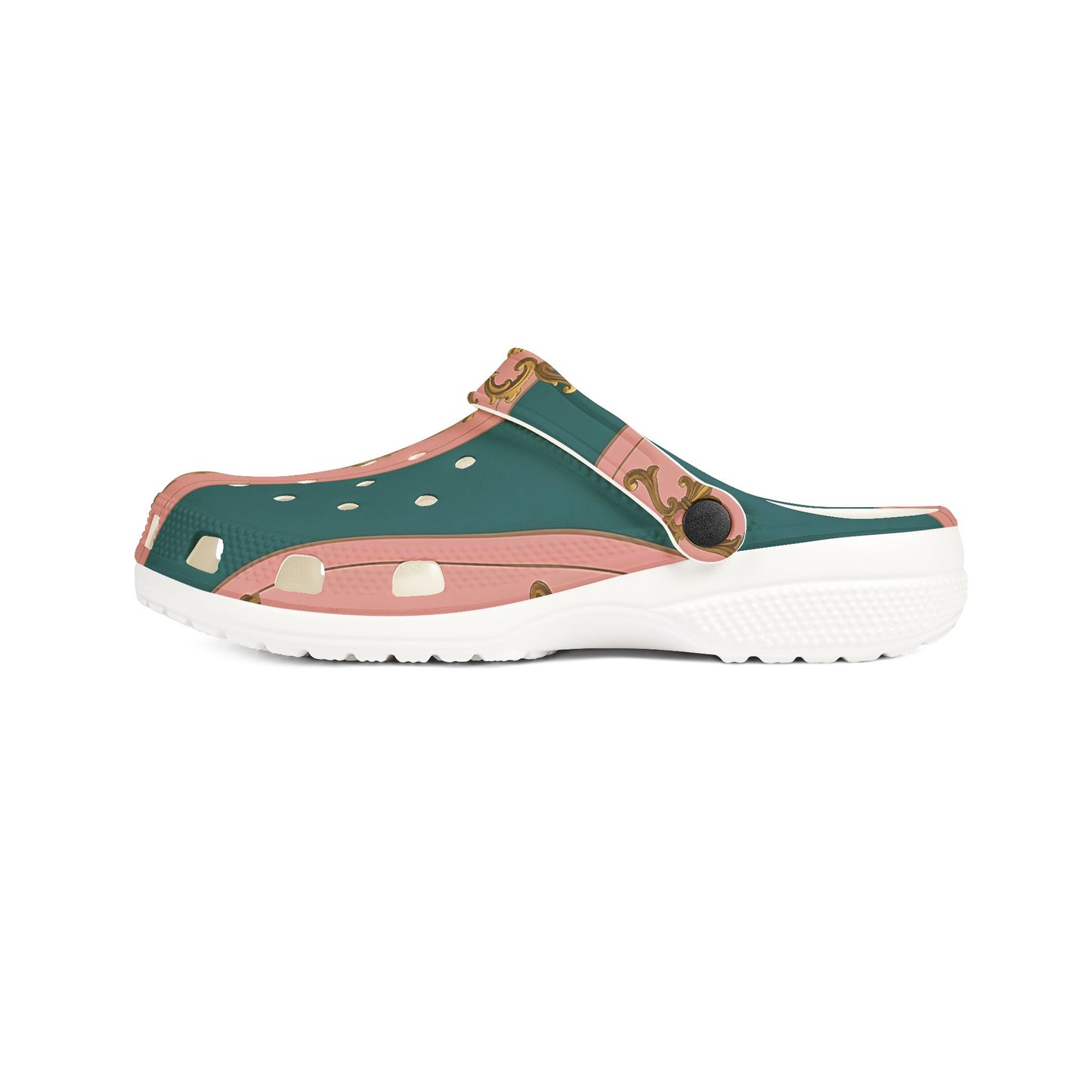 Stylish EVA Foam Rubber Shoes with Elegant Floral Design, Comfortable Clogs for Everyday Wear - Pink & Teal Striped Gold Baroque