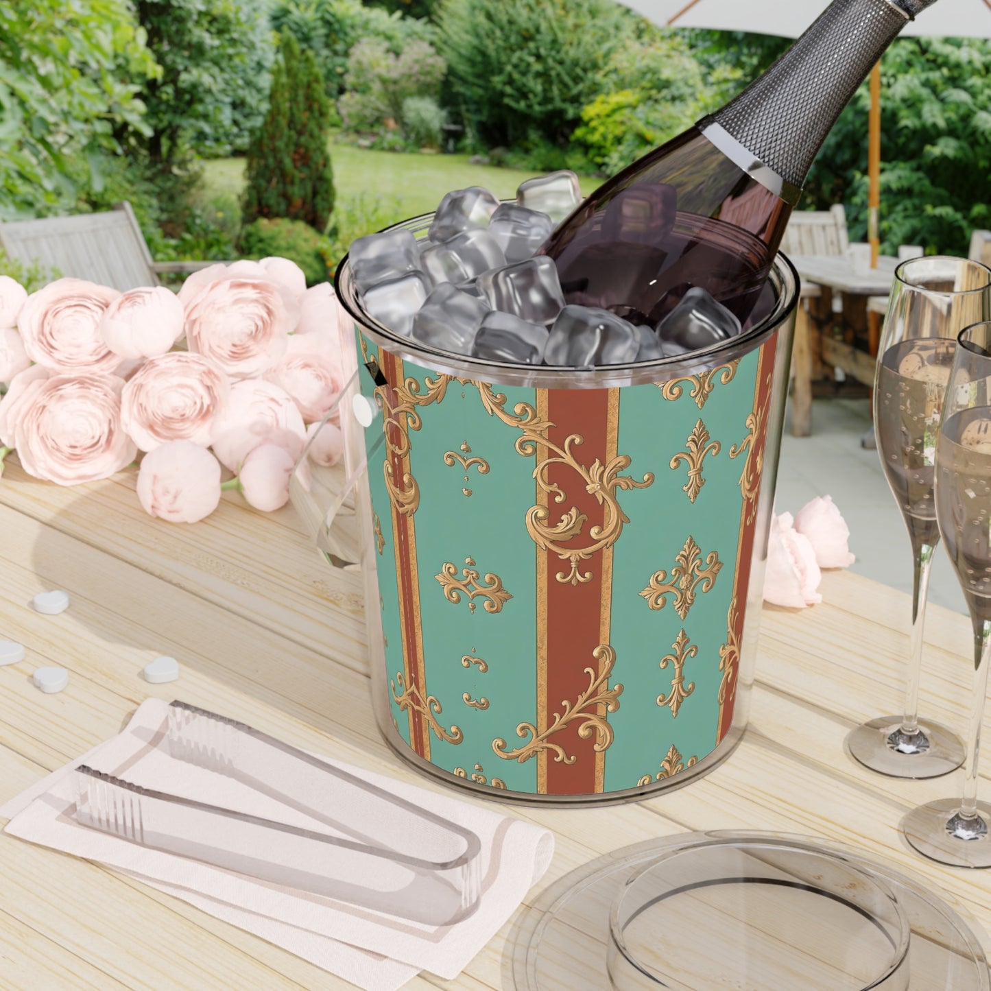Elegant Vintage Ice Bucket with Tongs - Perfect for Entertaining and Celebrations - Rust & Mint Aqua Striped Baroque