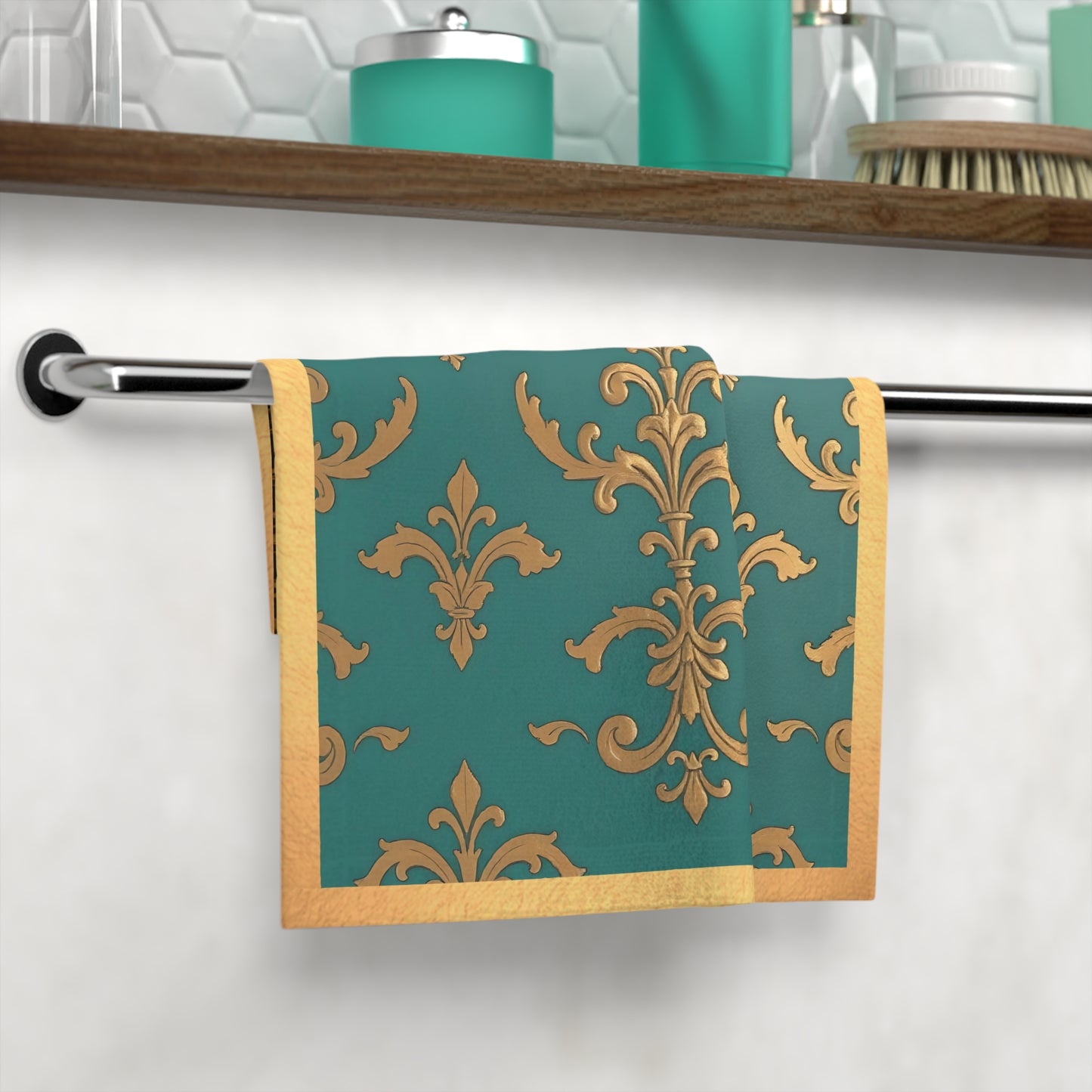Elegant Vintage Face Towel – Luxurious Gold Pattern for Home & Spa - Aqua & Gold Damask