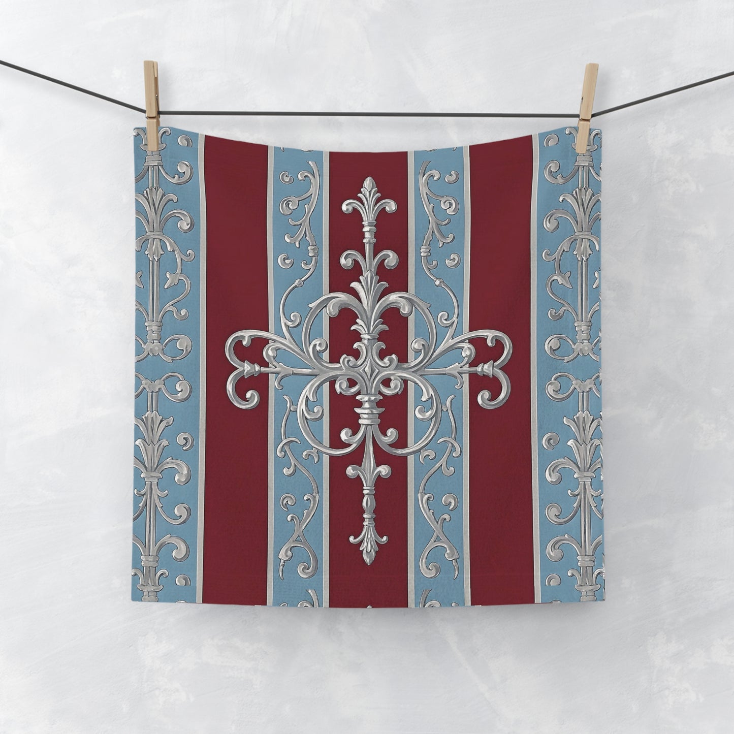 Elegant Decorative Face Towel with Ornate Design - Ice Blue & Burgundy Striped Baroque