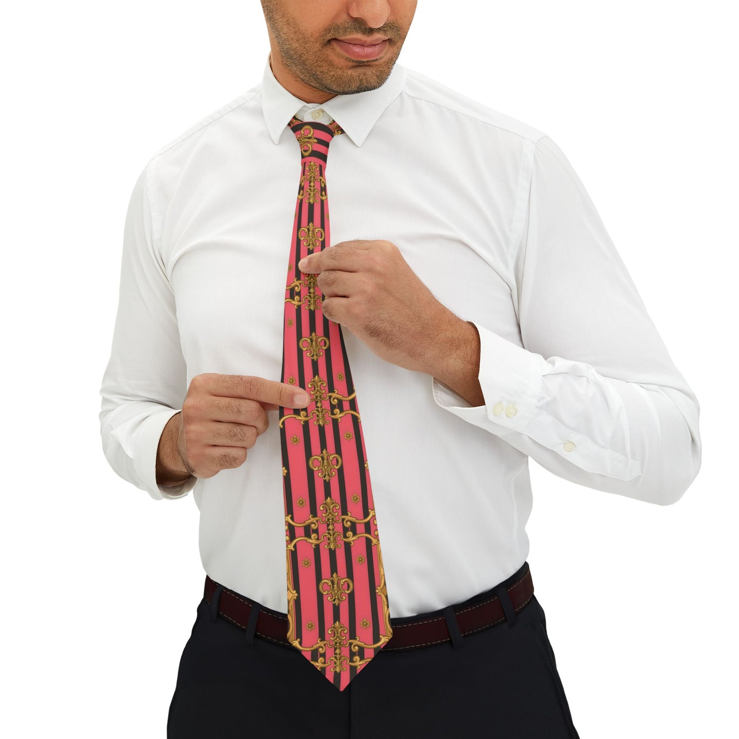 Stylish Necktie for Men, Bold Pattern Tie Gift, Formal Attire Accessory, Unique Neckwear for Weddings - Pink & Black Striped Gold Baroque