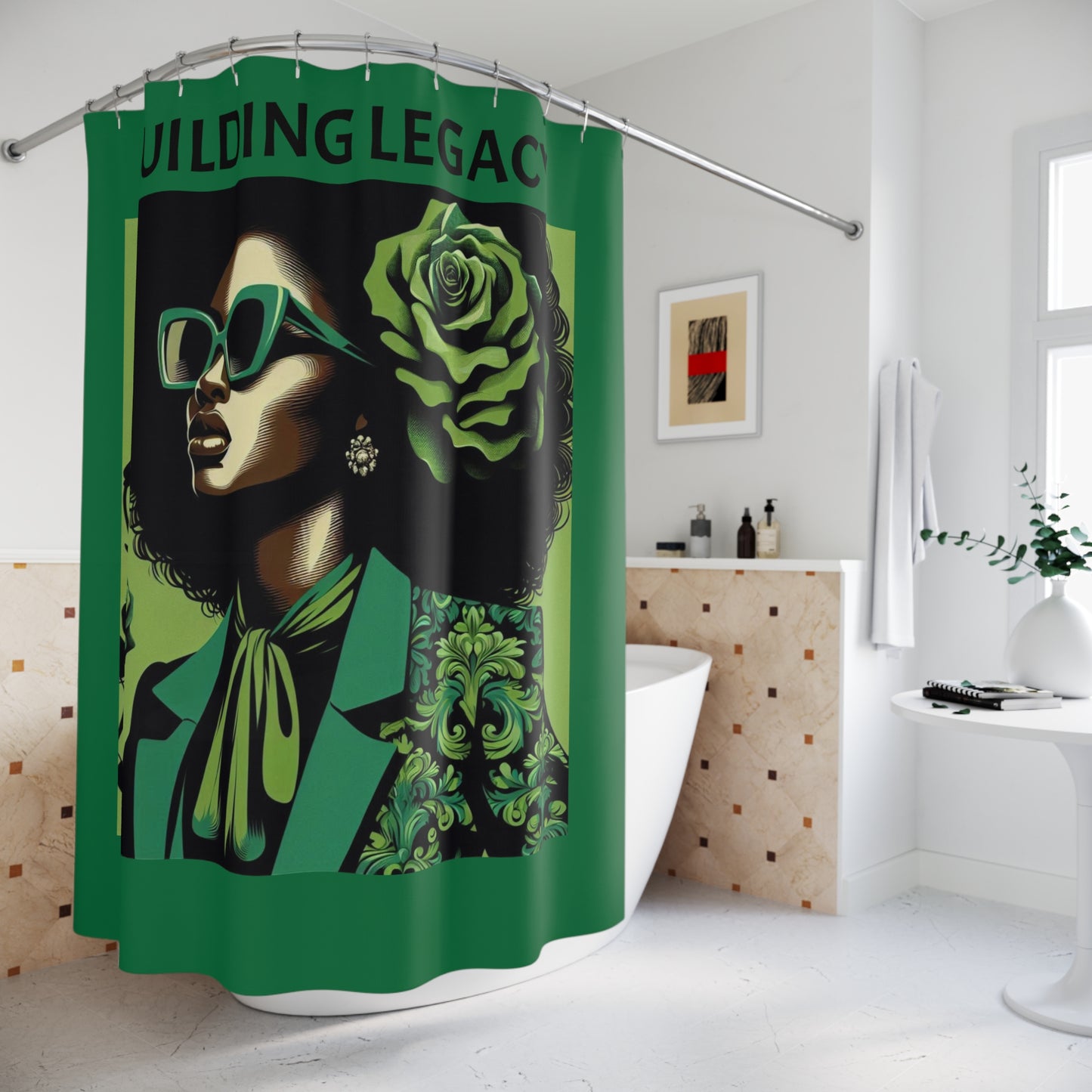 Chic Afro Woman Shower Curtain - Vibrant Bathroom Decor, Boho Home, Unique Gift for Her, Green Floral Design, Modern Art - Building Legacy