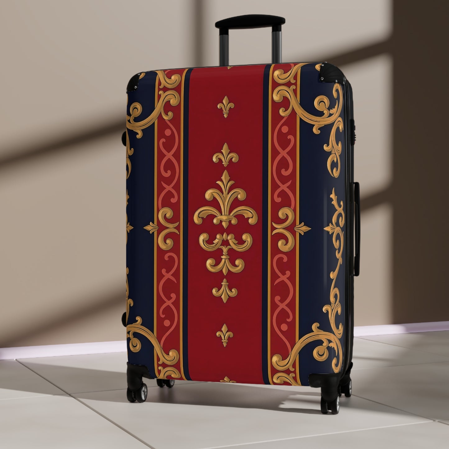 Elegant Travel Suitcase - Stylish Luggage for Jetsetters, Vacationers, Business Travel, Holidays, Gift Idea - Midnight Blue & Dusk Red Gold Baroque
