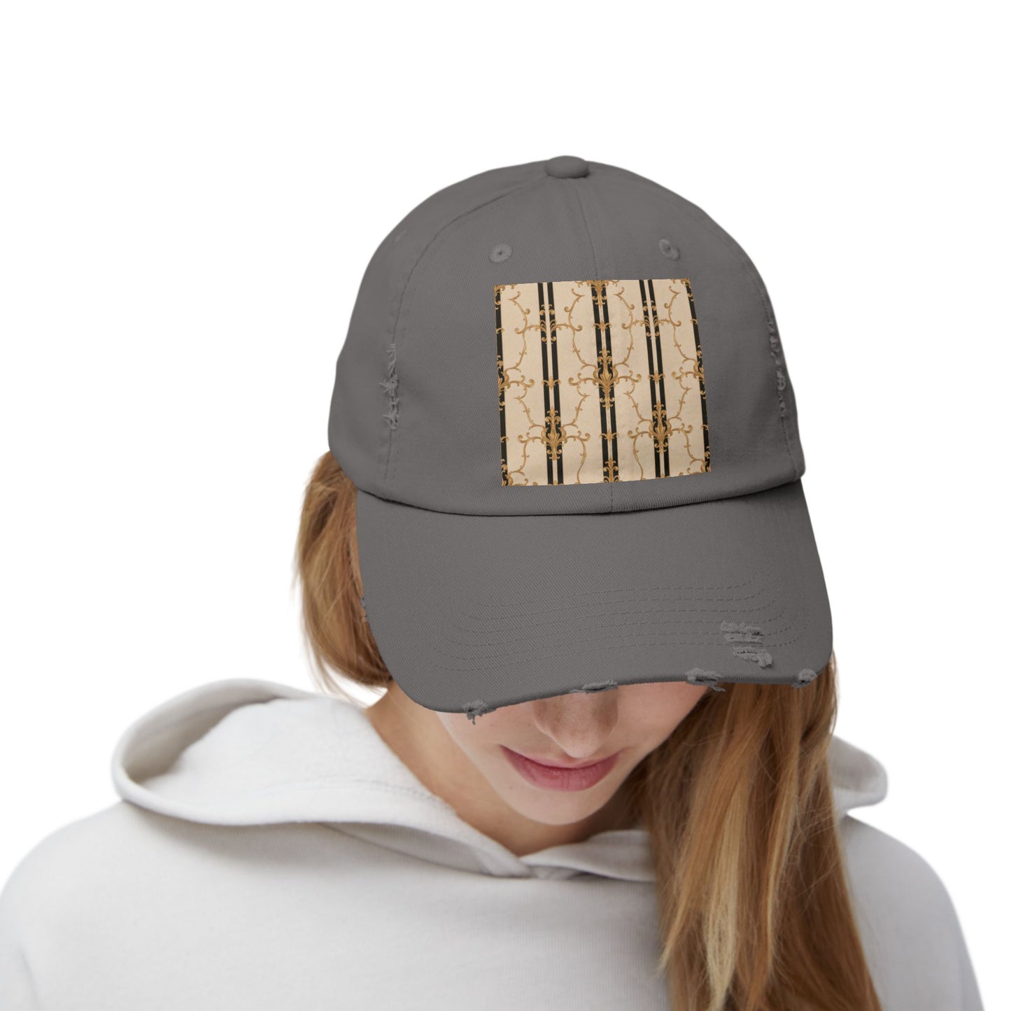 Chic Distressed Cap, Trendy Unisex Hat, Casual Summer Accessory, Perfect Gift for Fashion Lovers - Black & Beige Striped Damask