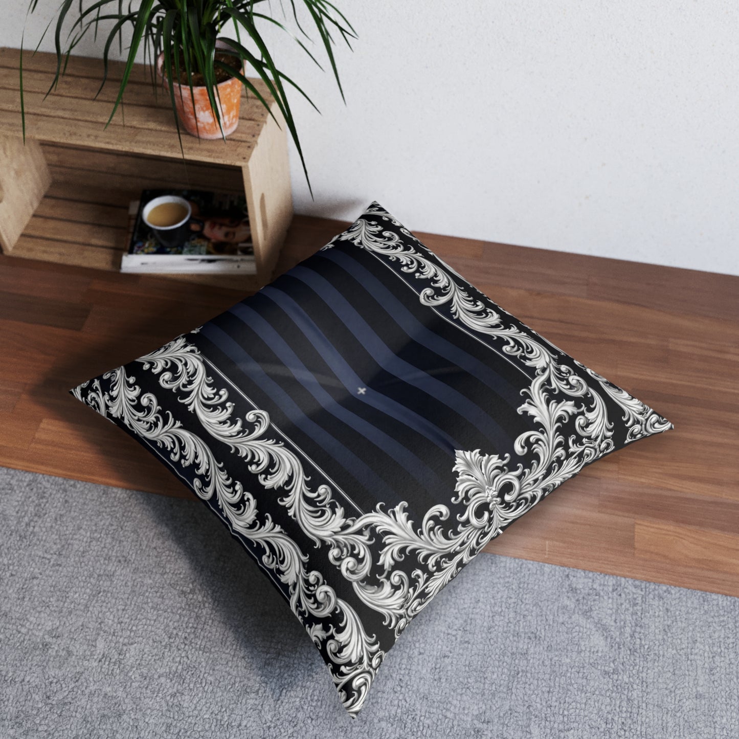 Navy Stripes & Baroque Tufted Floor Pillow — Luxurious Navy & Silver Decorative Cushion