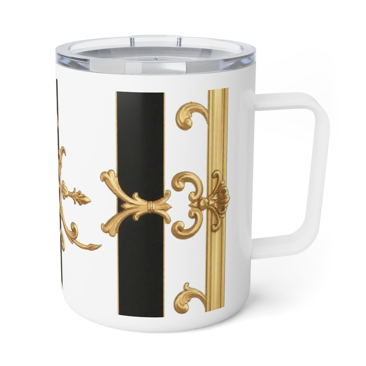 Elegant Insulated Coffee Mug, 10oz | Luxury Travel Mug, Gold Accent Drinkware, Stylish Gift for Coffee Lovers - Black & White Striped Gold Baroque