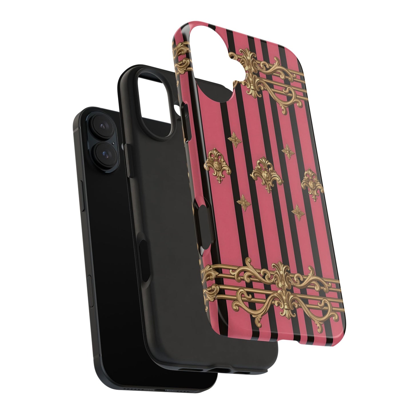 Elegant Floral Phone Cases, Stylish Protective Case for Trendy Individuals, Unique Gift for Tech Lovers, Phone Accessories - Pink Striped Gold Rococo