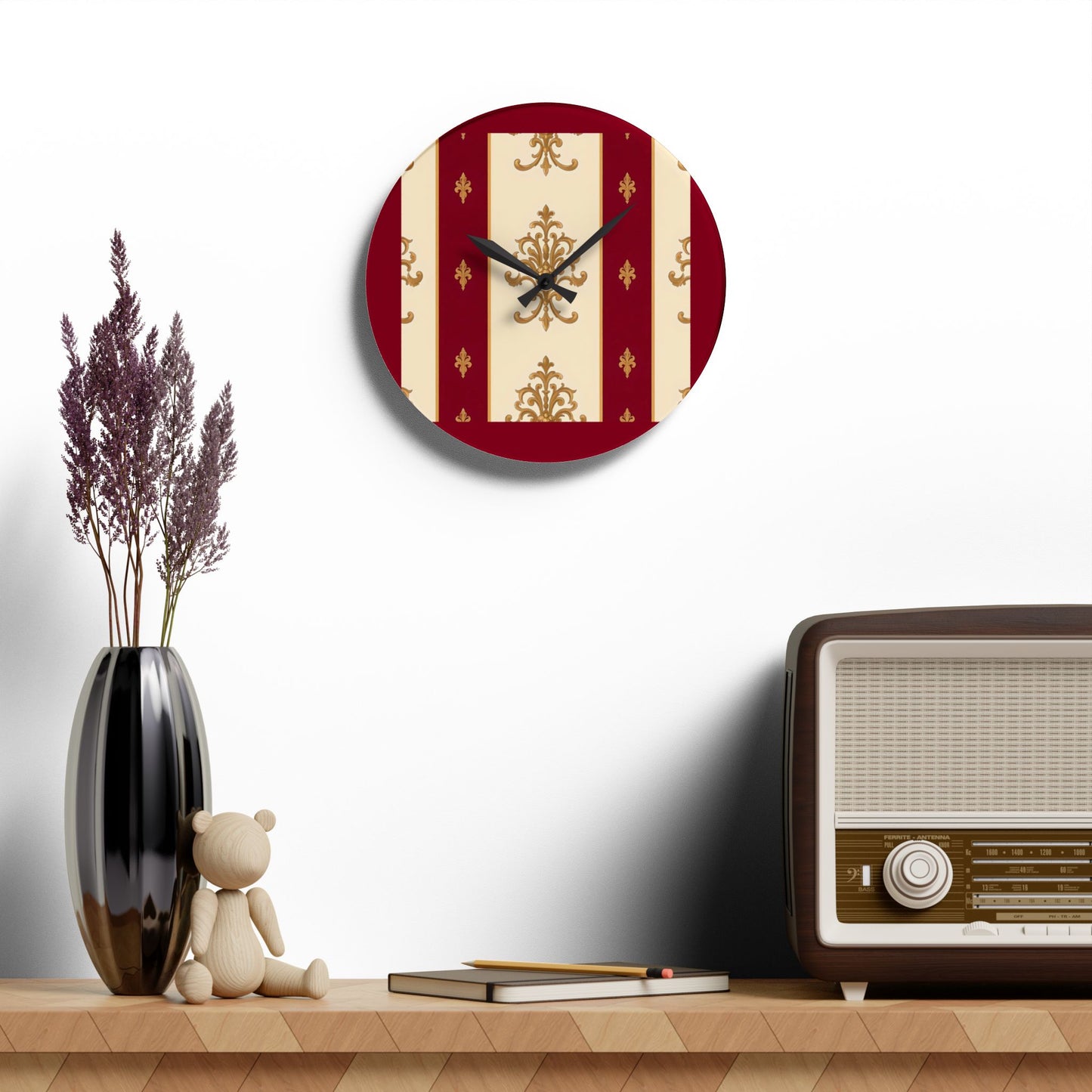 Bohemian Damask-Inspired Acrylic Wall Clock with Floral Design - Dusk Red Striped Gold Damask