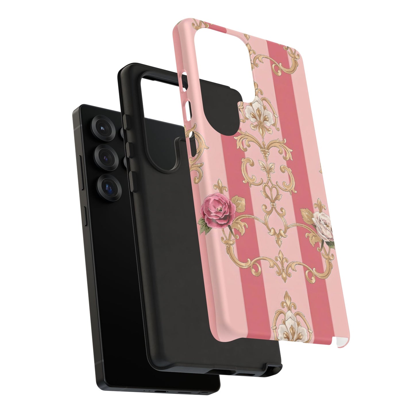 Elegant Floral Motif Phone Case - Tough Cases with Vintage Design - Pink Striped Roses & Damask