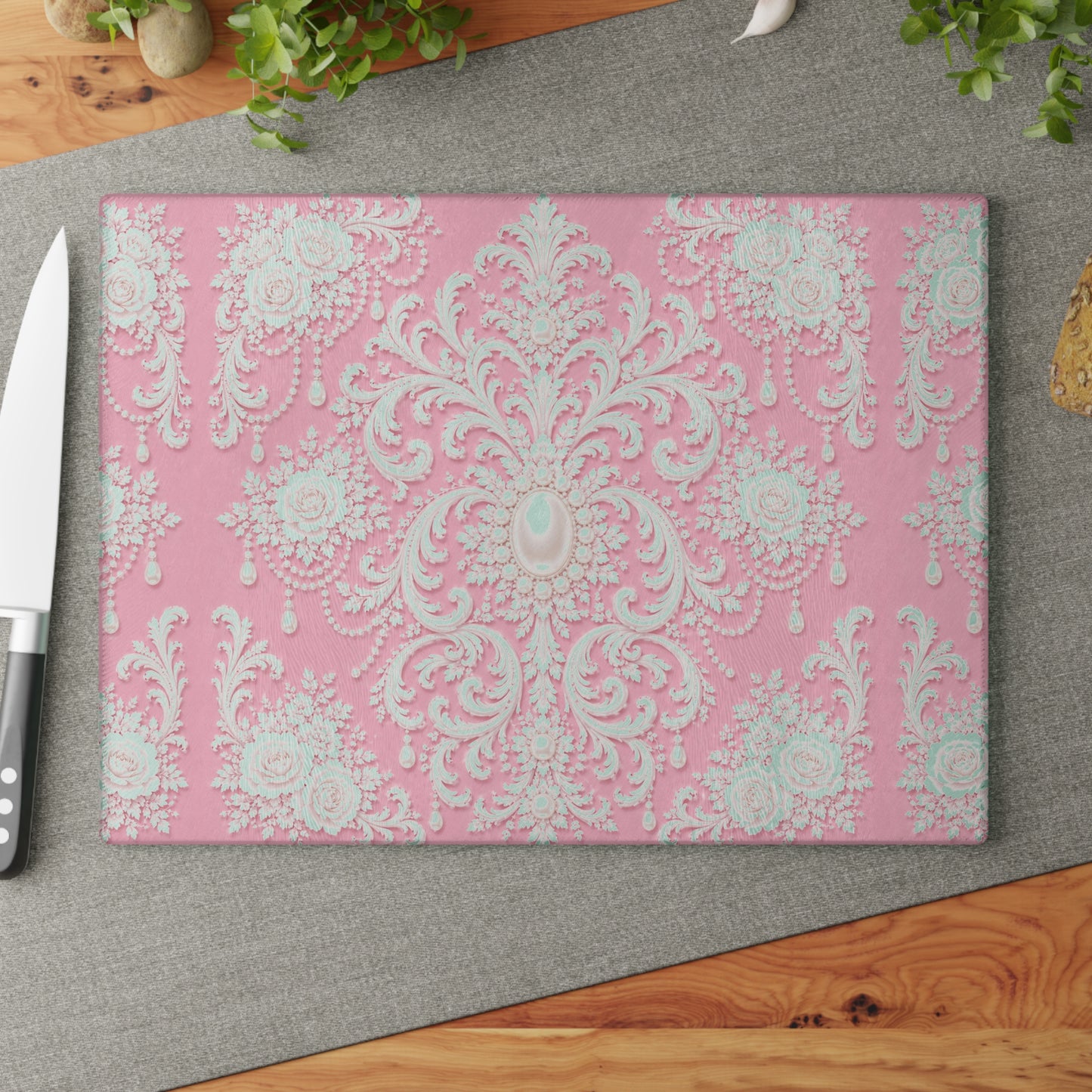 Pink Rococo Glass Cutting Board – Elegant Floral Pattern Kitchen Board