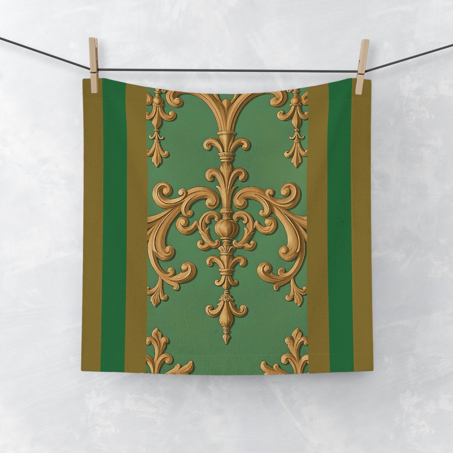 Elegant Decorative Face Towel, Luxury Bathroom Accessory, Spa Towel, Gift for Her, Home Decor, Bath Essentials - Olive Green Striped Rococo