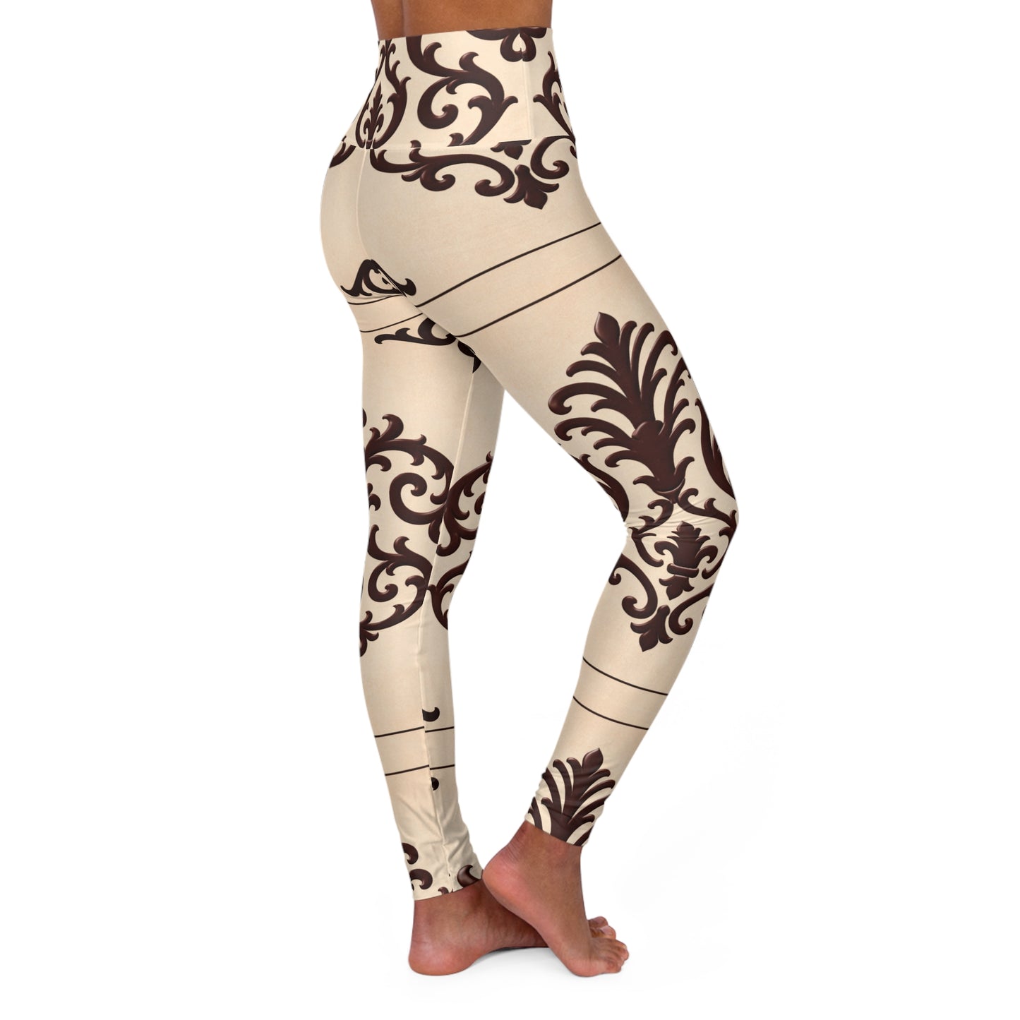 Almond-Beige & Brown Baroque High-Waisted Yoga Leggings — Elegant Scroll Pattern Activewear