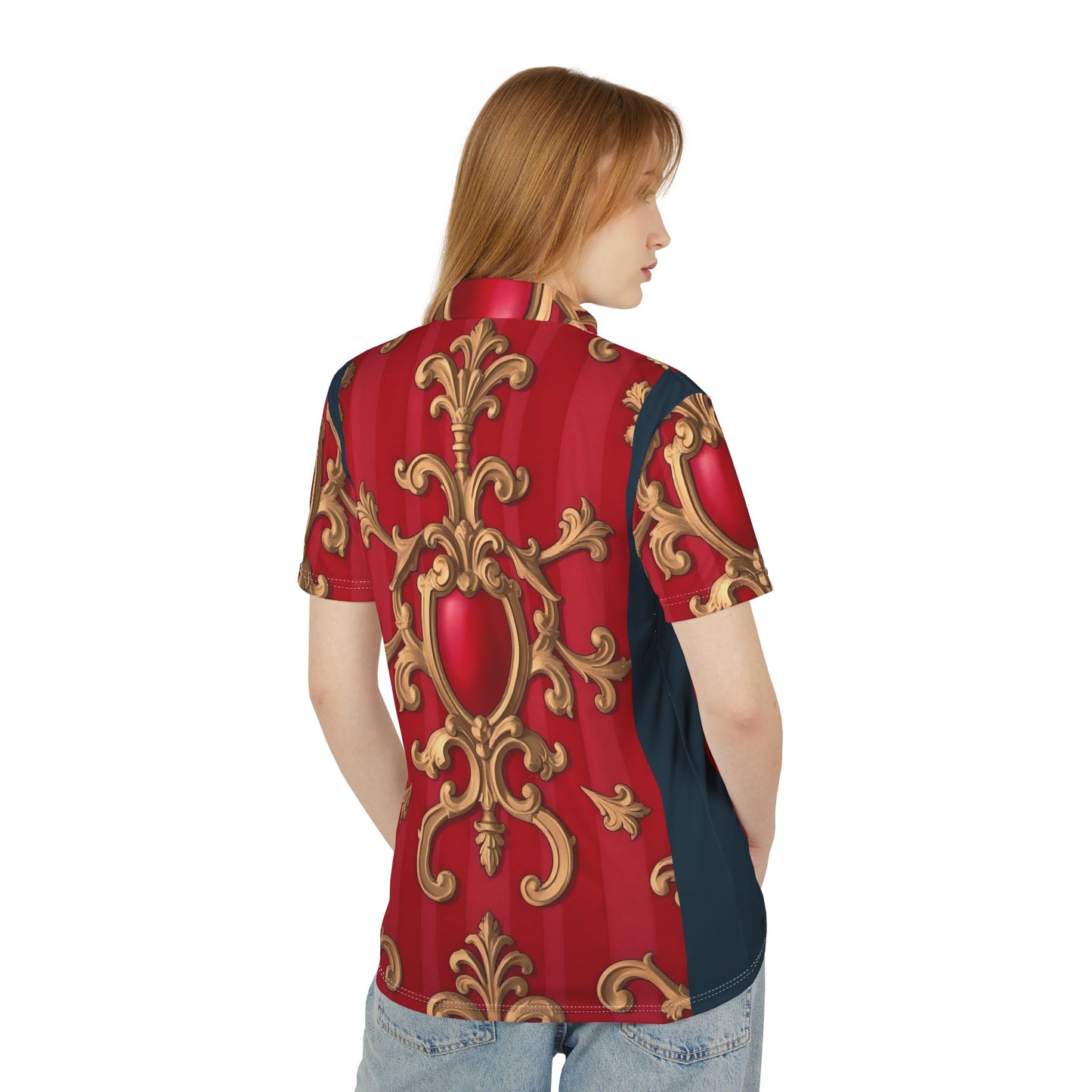 Luxurious AOP Unisex Polo Shirt | Elegant Red & Gold Design, Casual Wear, Stylish Outfit for Men & Women - Blue, Red & White Striped Baroque