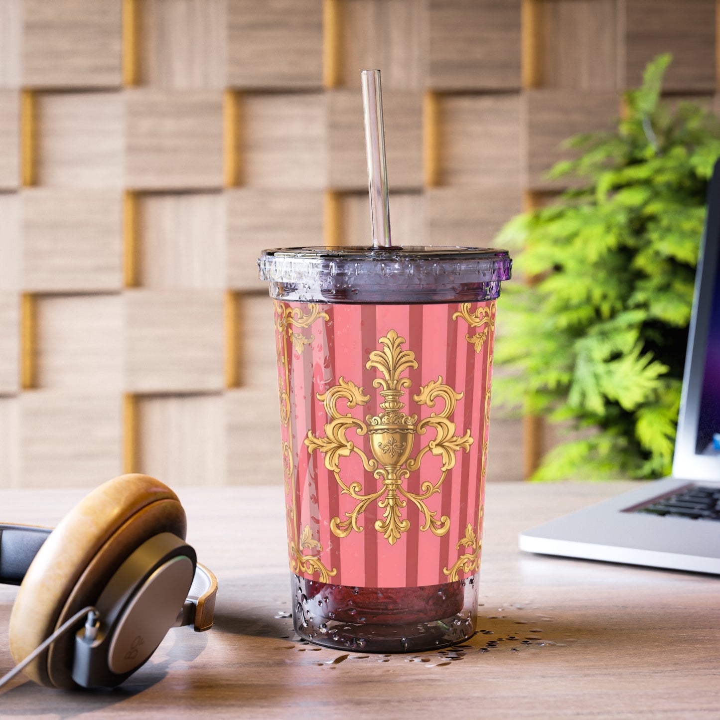 Elegant Acrylic Tumbler for Stylish Sips, Perfect for Gifts, Parties, or Everyday Use, Travel Cup, Party Favor - Pink Striped Gold Baroque