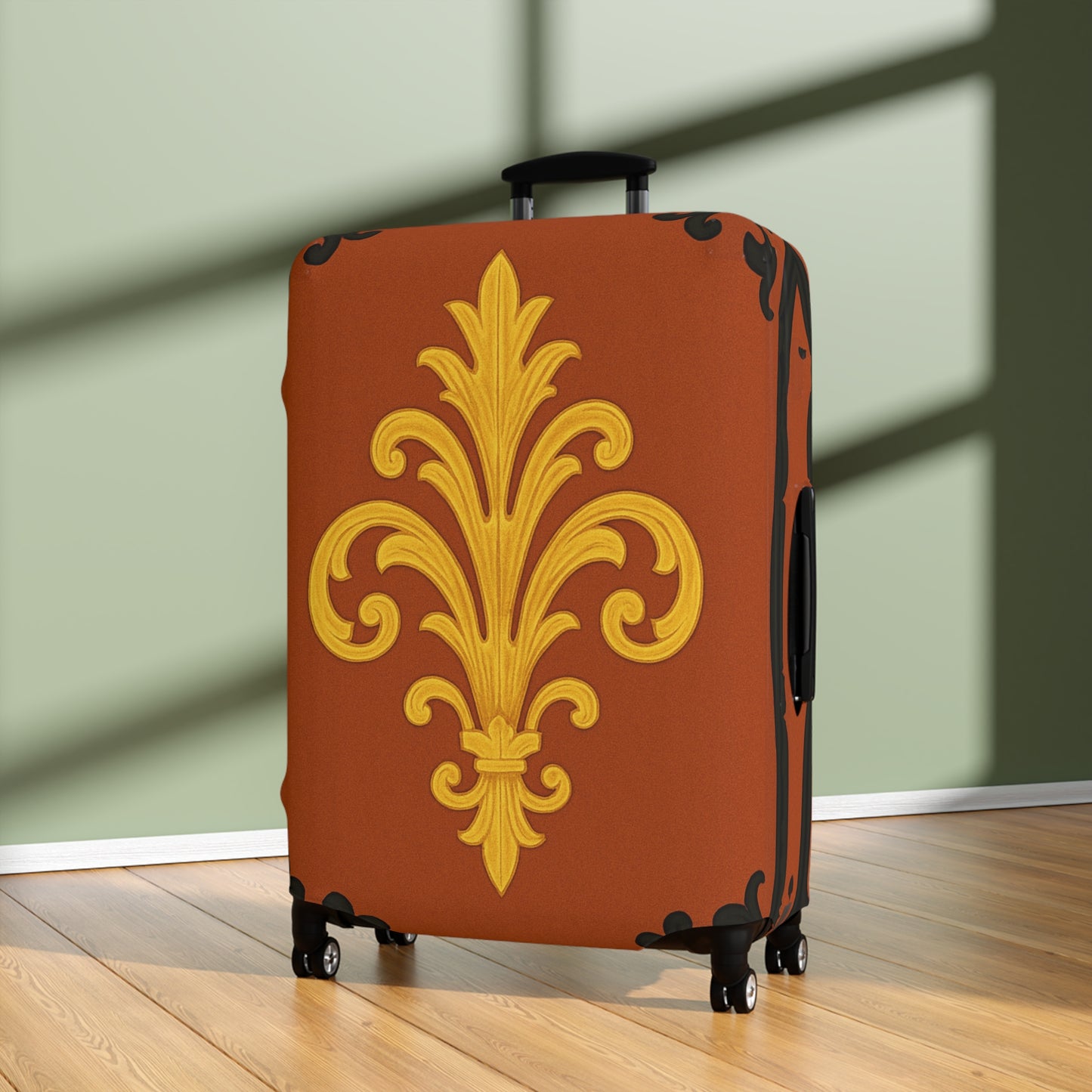 Dusk Terracotta Baroque - Vintage Gold Baroque Design Luggage Cover — Elegant Golden Scroll Travel Protector