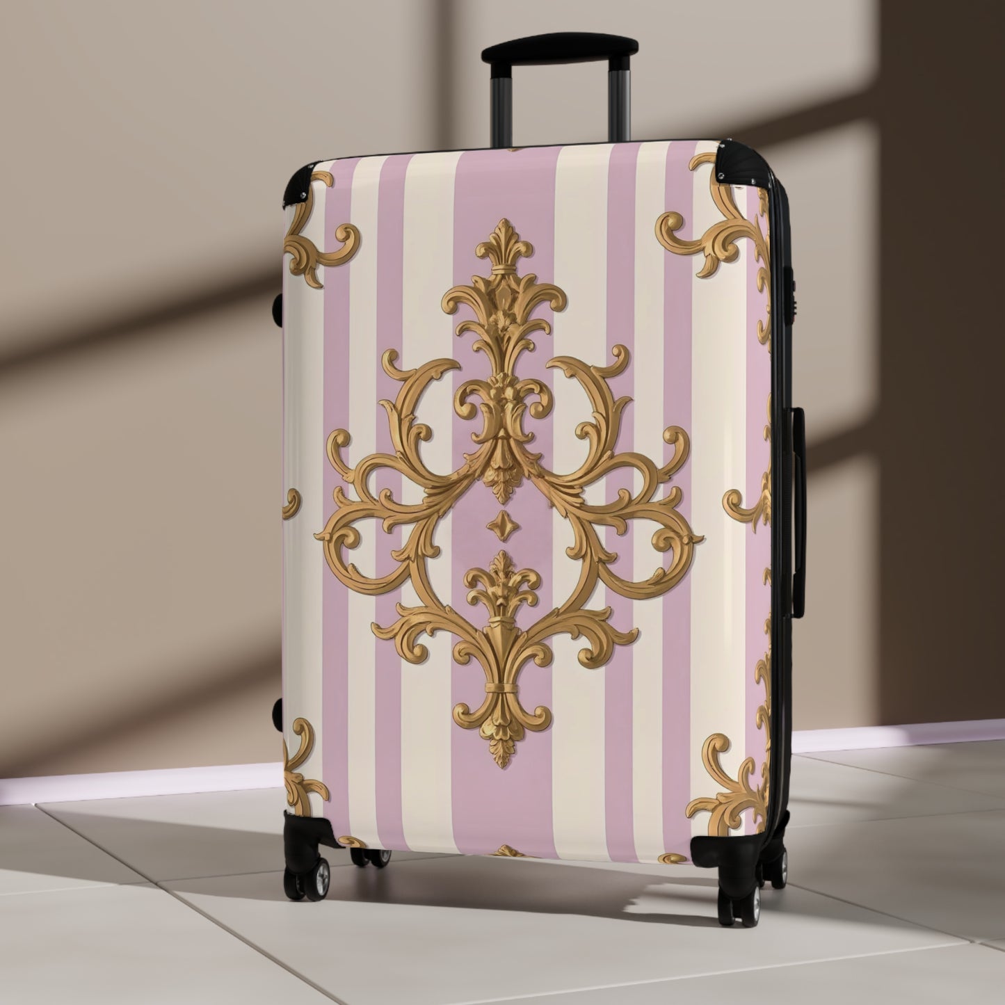 Elegant Ornate Suitcase for Travel, Stylish Luggage for Vacations, Personalized Travel Bag, Gift for Travelers - Lilac & Alabaster Striped Gold Baroque