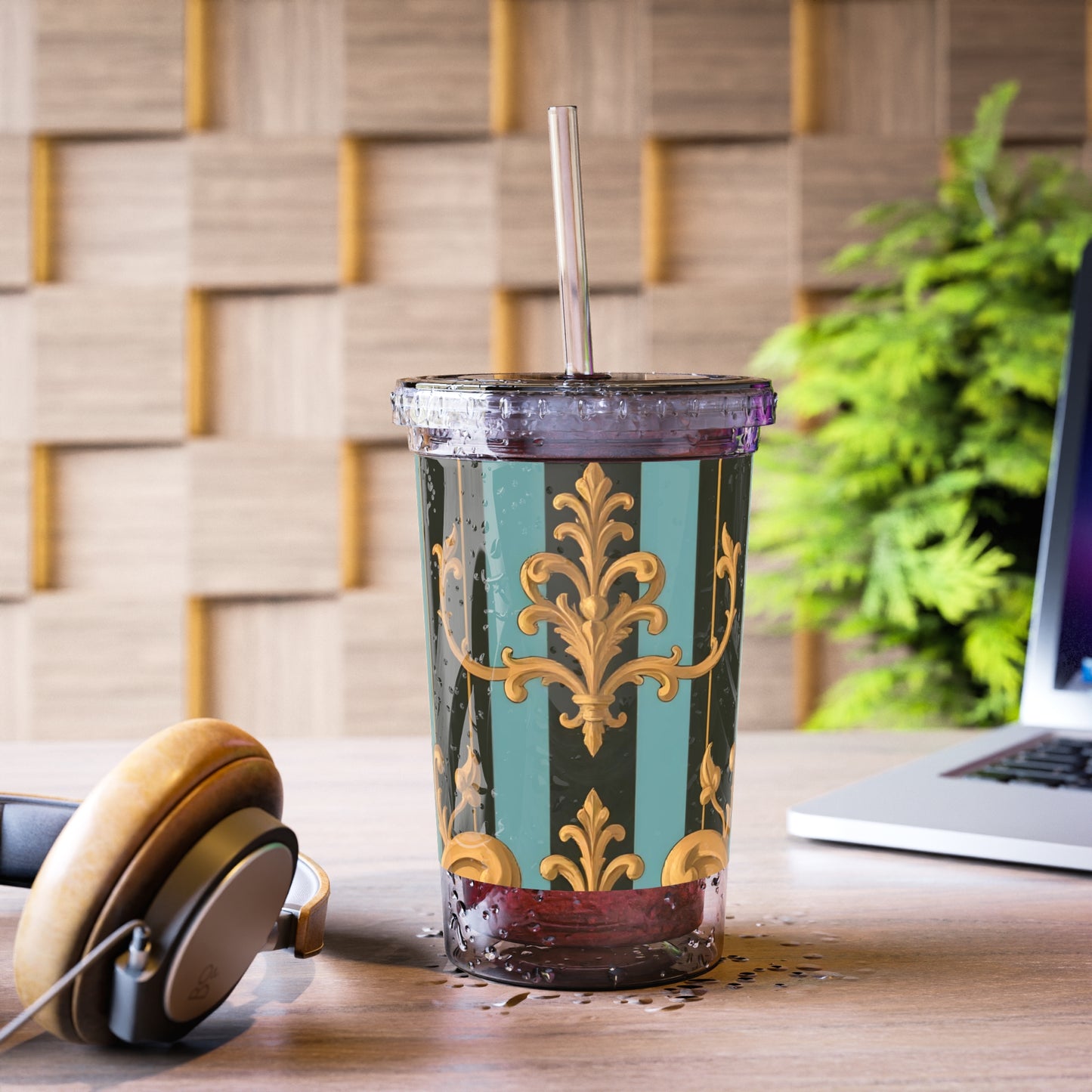 Suave Acrylic Cup with Elegant Stripe Design, Stylish Tumbler, Perfect for Parties, Gifts, Home Decor, Travel - Black & Turquoise Striped Baroque