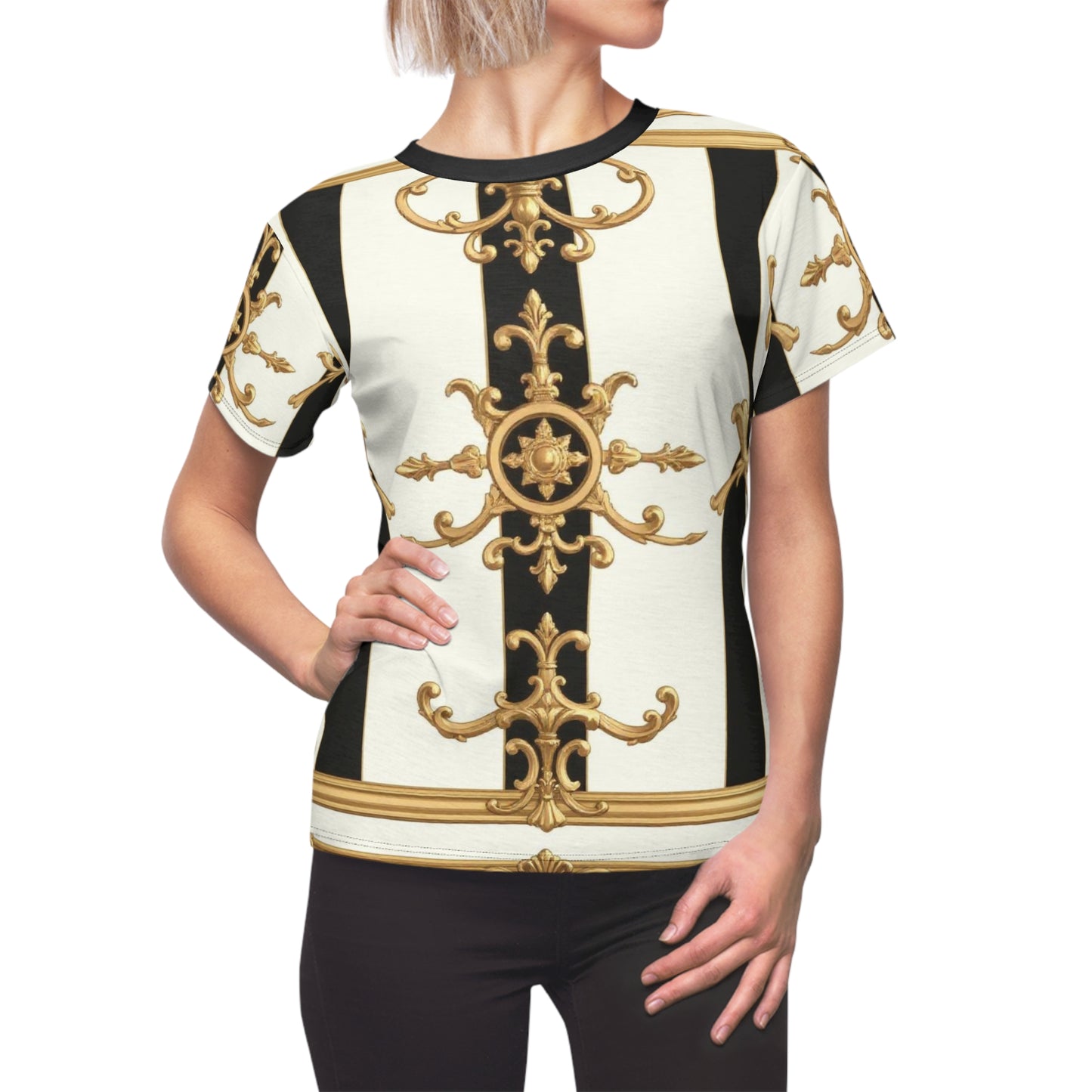 Elegant Women's AOP Tee, Fashion Tee, Versatile Graphic Top, Gift for Fashion Lovers, Statement Piece - Black & White Striped Gold Baroque