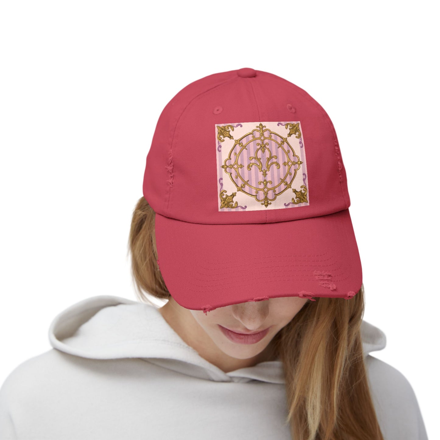 Chic Distressed Cap with Elegant Lavender & Alabaster Striped Gold Baroque Design | Casual Style, Streetwear, Gift for Her, Unique Accessory
