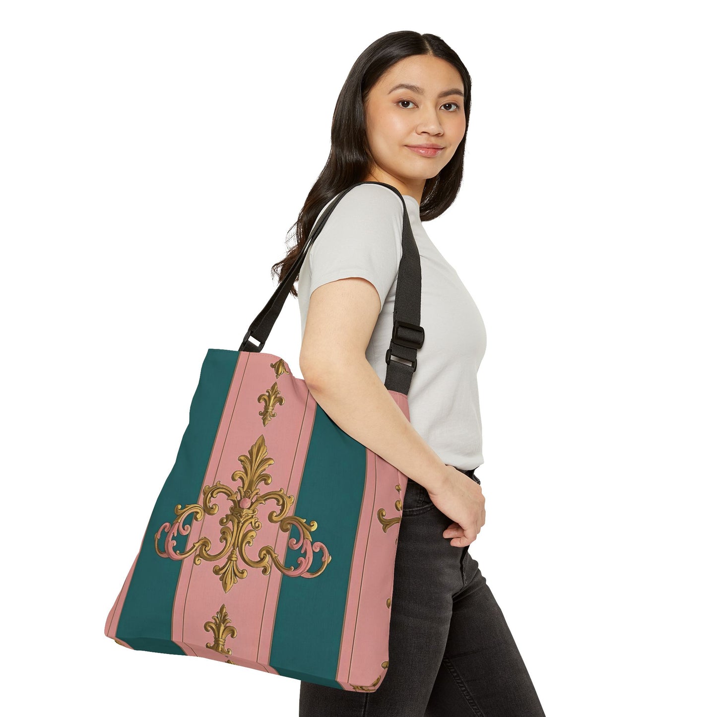 Chic Adjustable Tote Bag - Elegant Floral Design, Fashion Accessory, Everyday Bag, Gift for Her - Pink & Teal Striped Gold Baroque