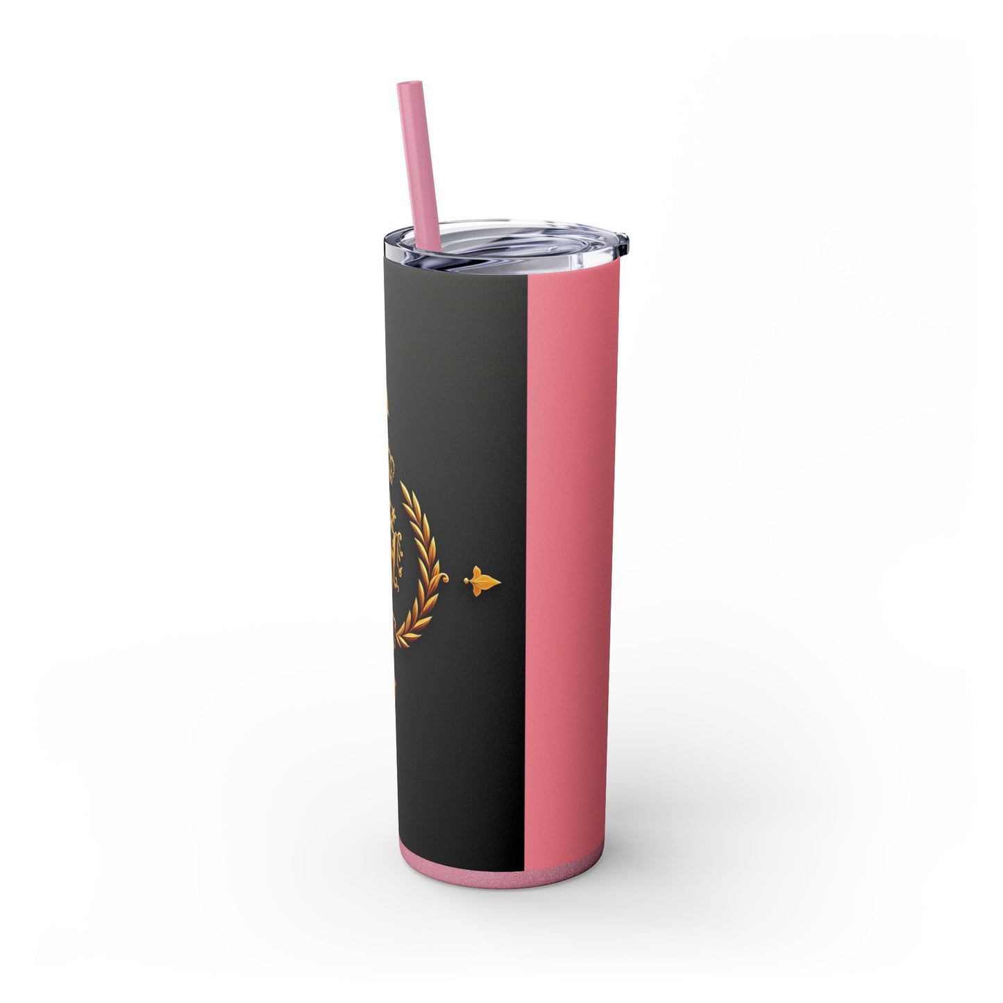 Elegant Royal Themed Skinny Tumbler, Chic Drinkware for Parties, Daily Hydration, Gifts for Her, Travel Mug, Reusable Straw - Pink Striped Gold Crest