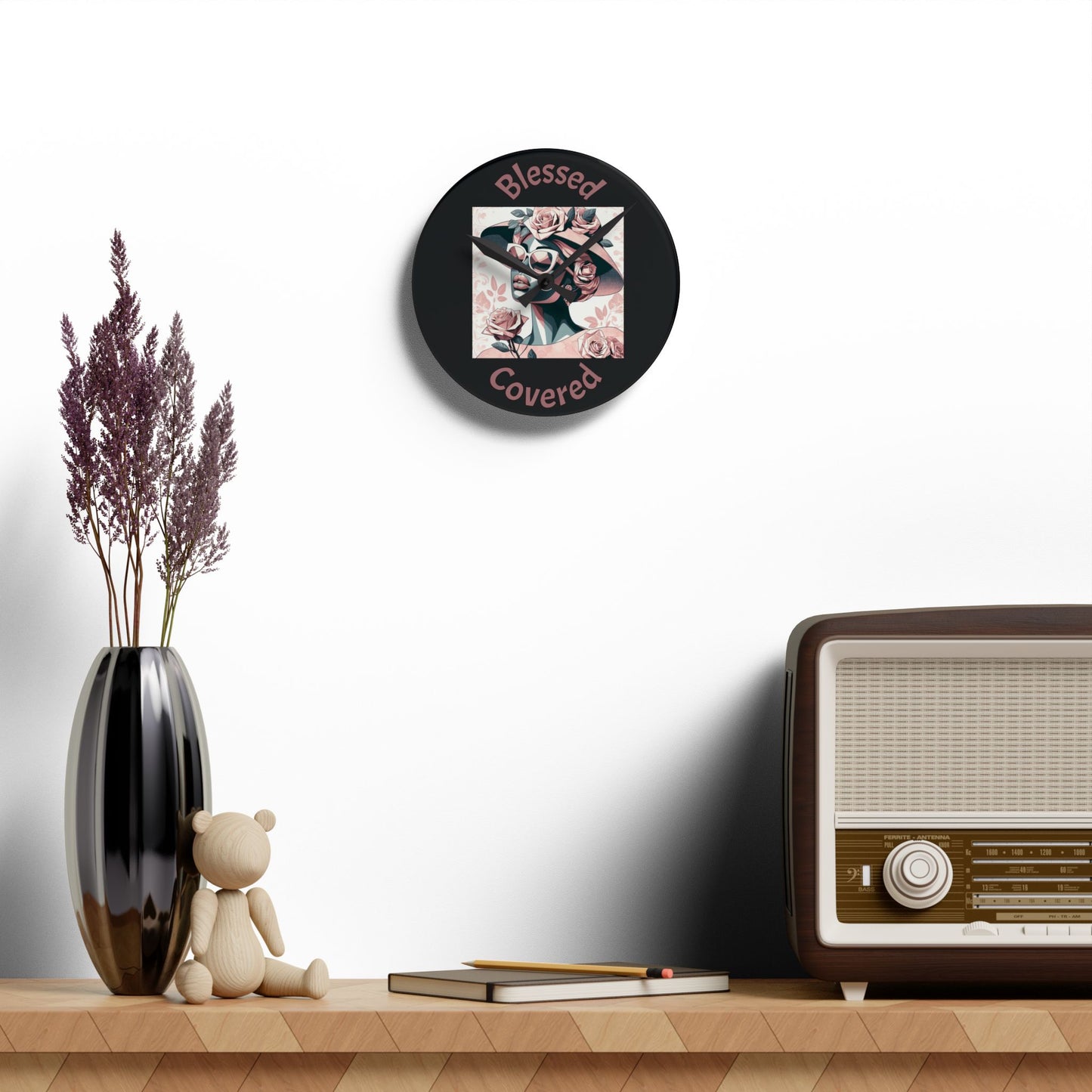 Floral Blessed and Covered Acrylic Wall Clock, Elegant Home Decor, Motivational Gift, Wall Art for Living Room, Inspirational Clock